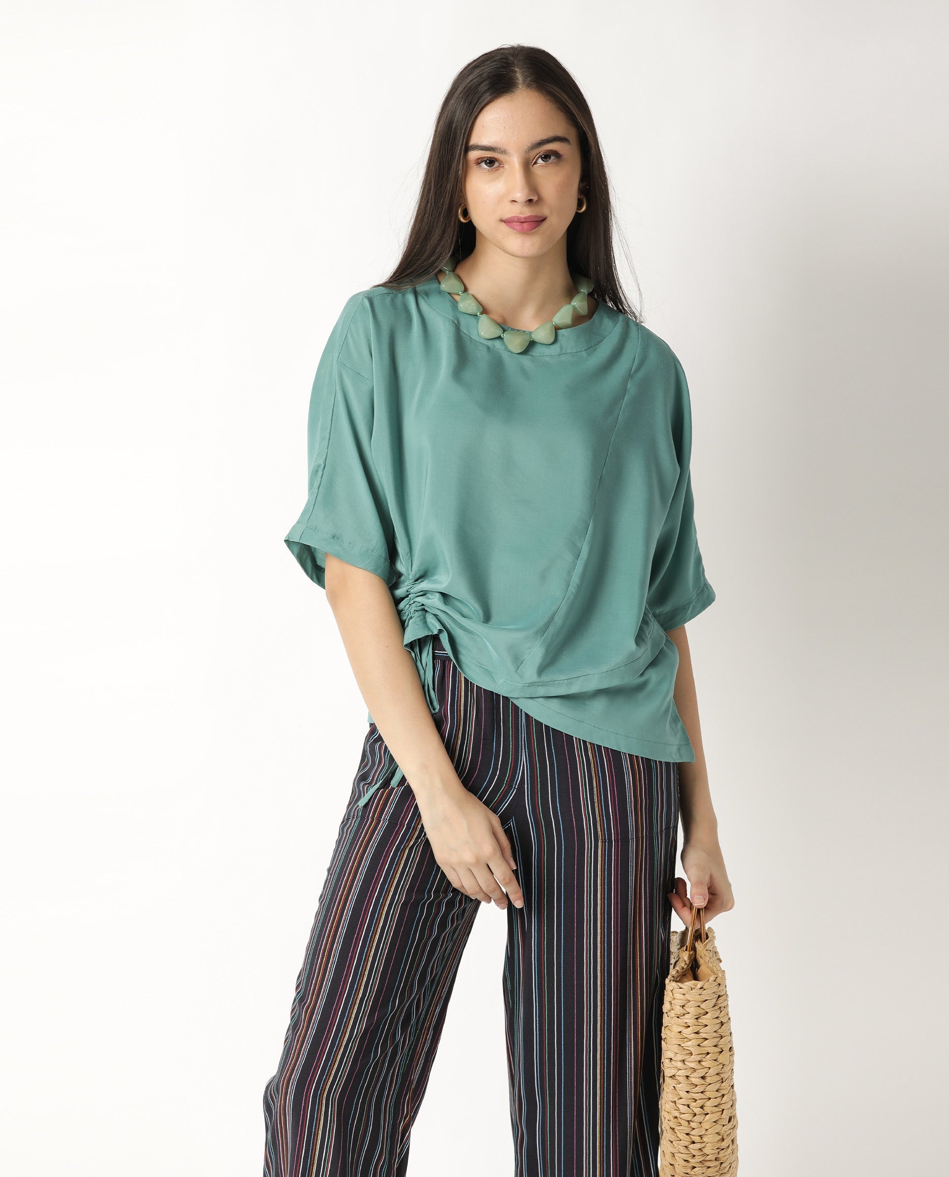 Rareism Women Paecos Green Polyester Fabric Regular Fit Boat Neck 3/4Th Sleeves Solid Top