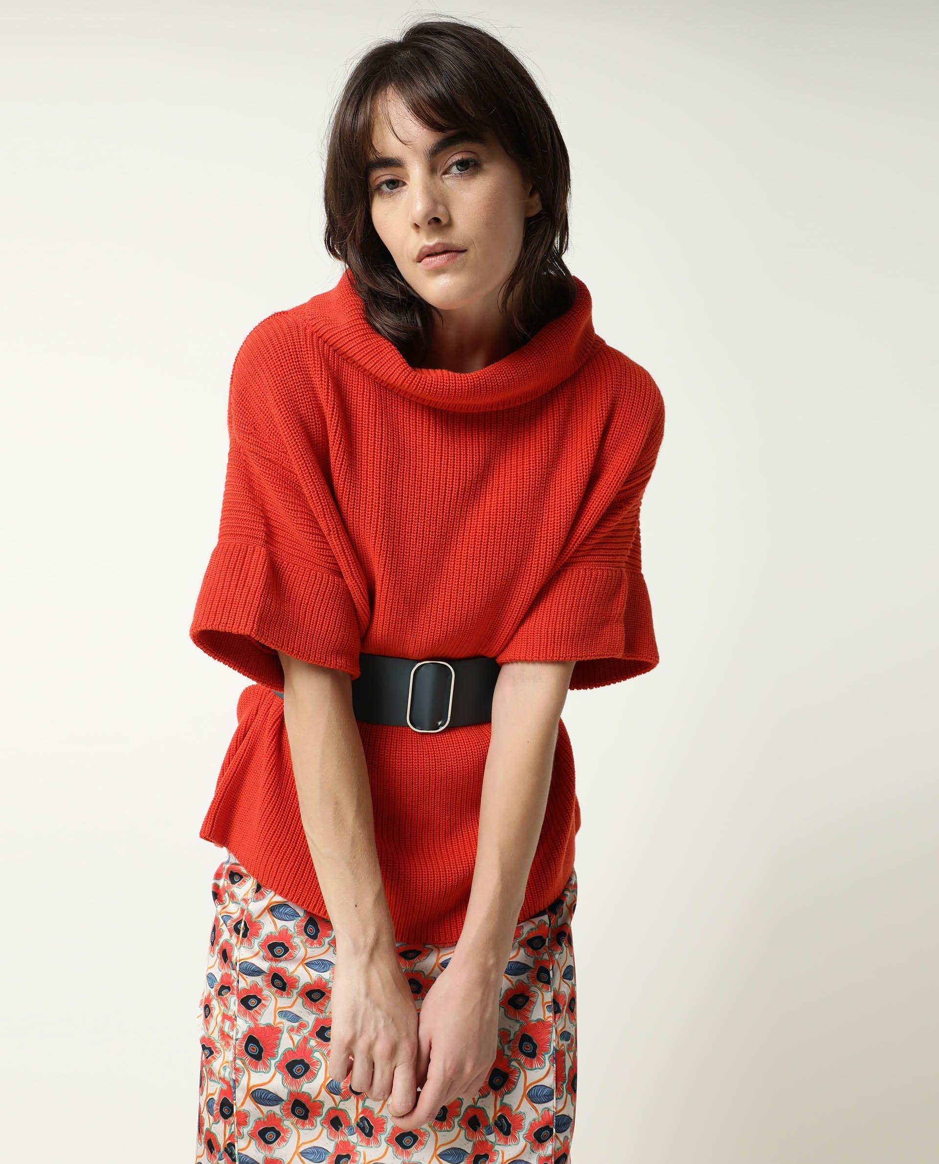 Rareism Women's Daffy Orange Cotton Cowl Neck Plain Cuffed Sleeve Relaxed Fit Sweater