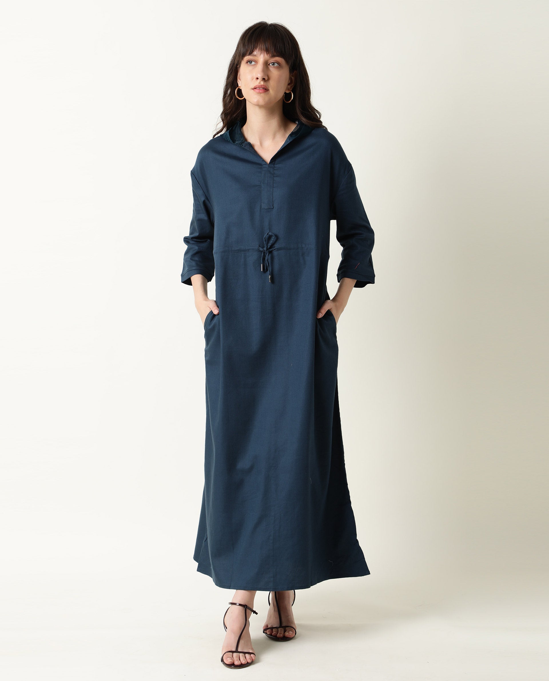 Rareism Womens Chalk Petrol Dress Tencel Fabric Hooded Long Length