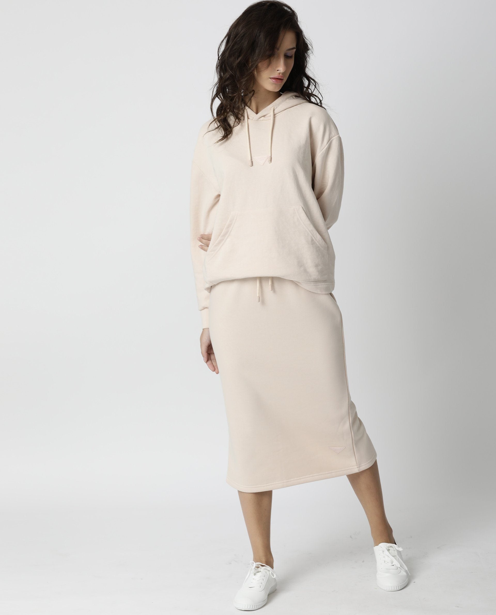 Rareism Women Fudge Beige Poly Cotton Fabric Tailored Fit High Rise Solid Midi Skirt