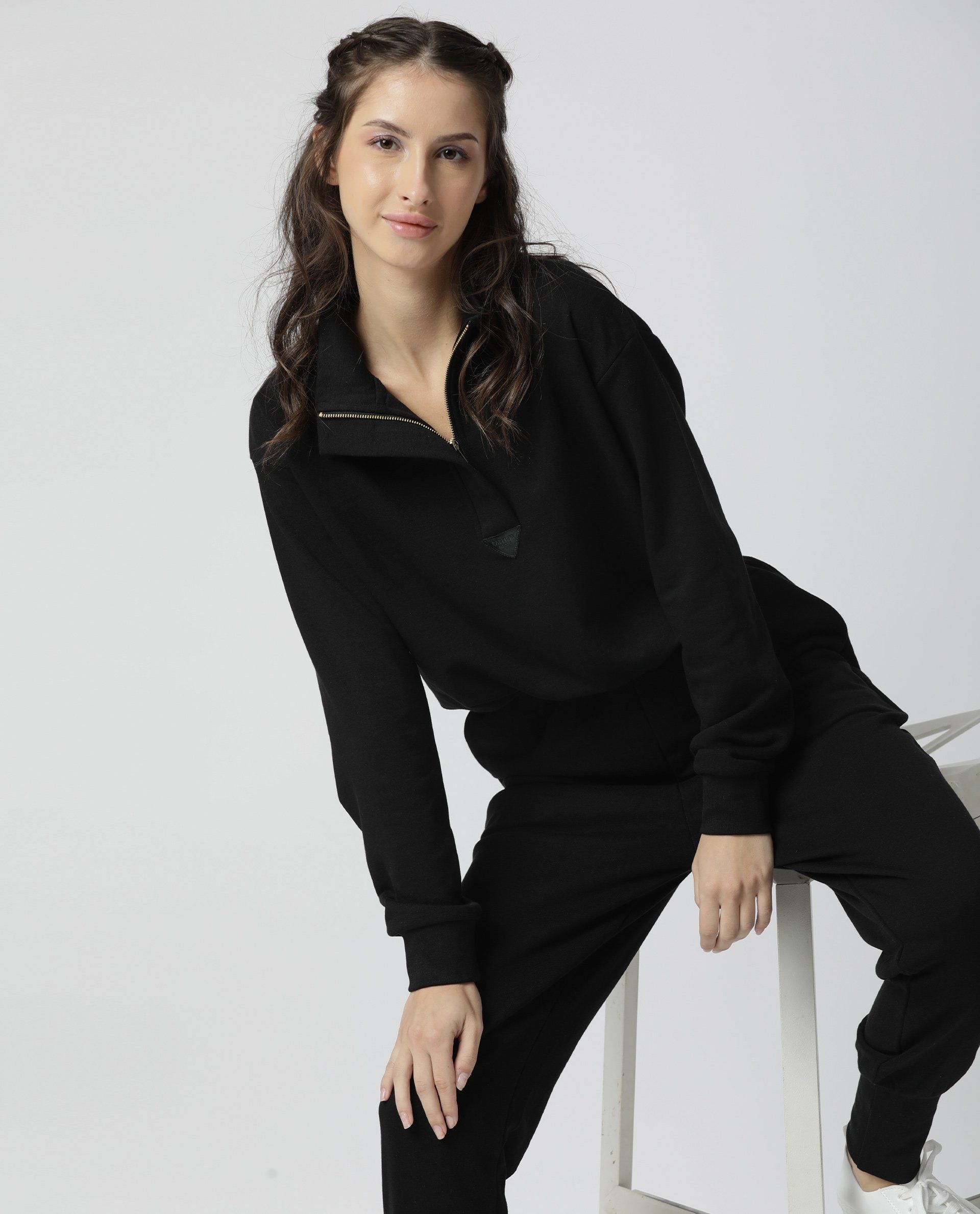 Rareism Women Taffy Black  Relaxed Fit Full Sleeves Solid High Neck Sweatshirt