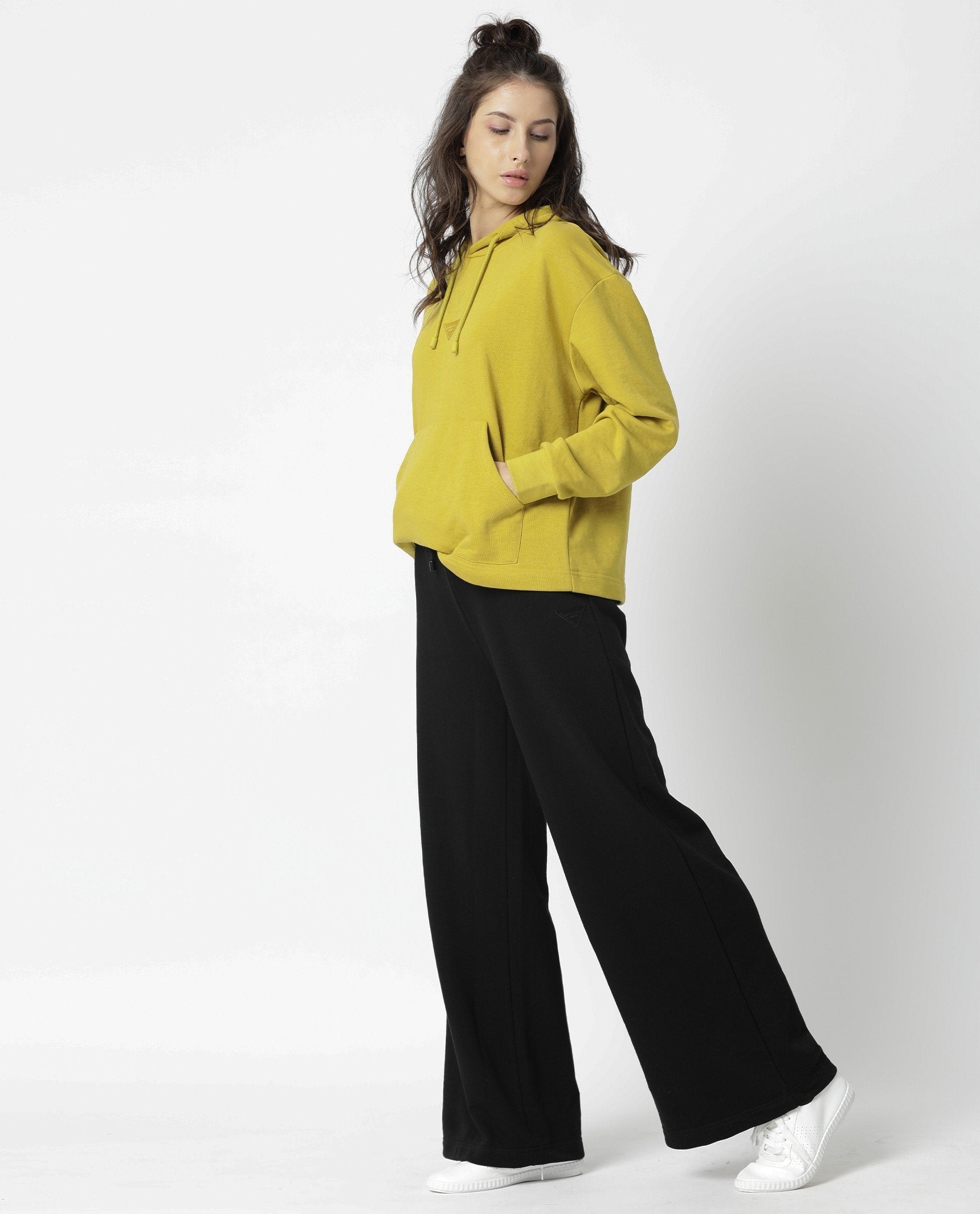 Rareism Women Wally Yellow Cotton Poly Fabric Relaxed Fit Full Sleeves Solid Hooded Sweatshirt