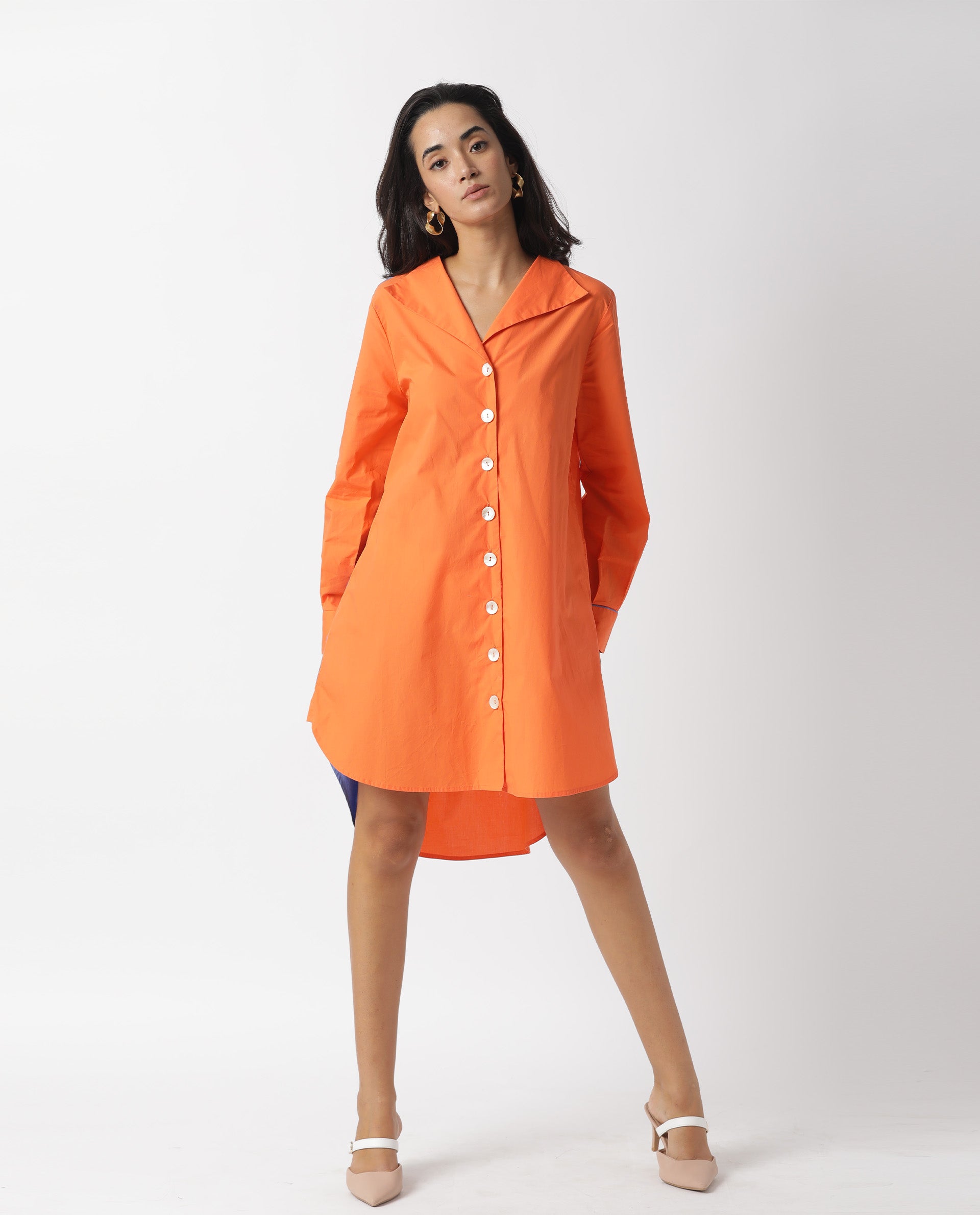 Rareism Women Tally Orange Lapel Collar Full Sleeves Front Full Button Closure Placket And Pockets Mini Dress