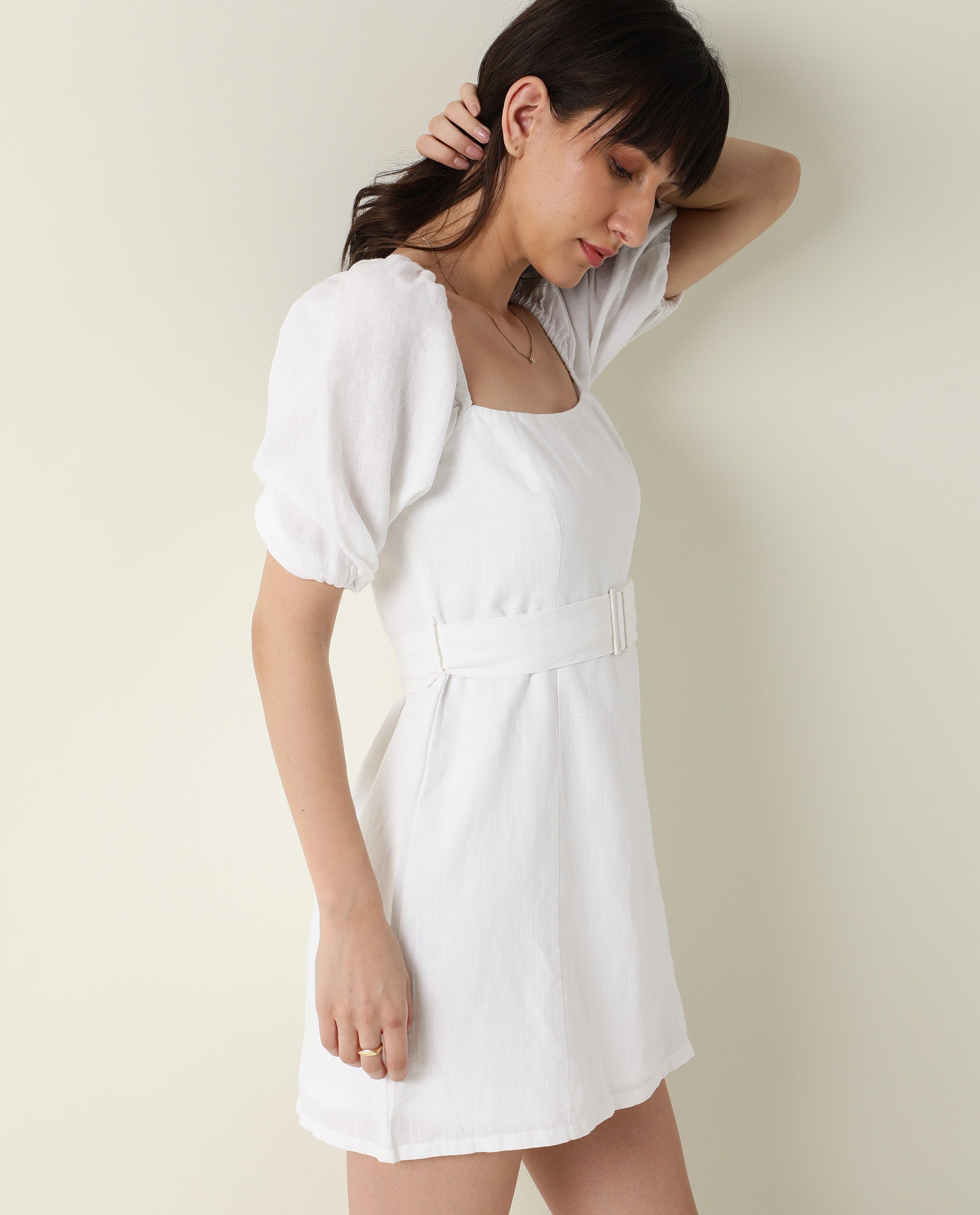 Rareism Women Uptown White Square Neck With Tie Up Back Puff Sleeves Mini Dress