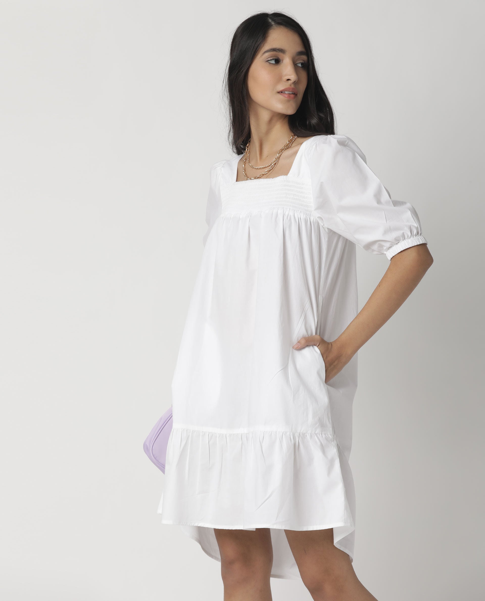 Rareism Womens Tapo White Dress Cotton Fabric Regular Fit Half Sleeve Square Neck