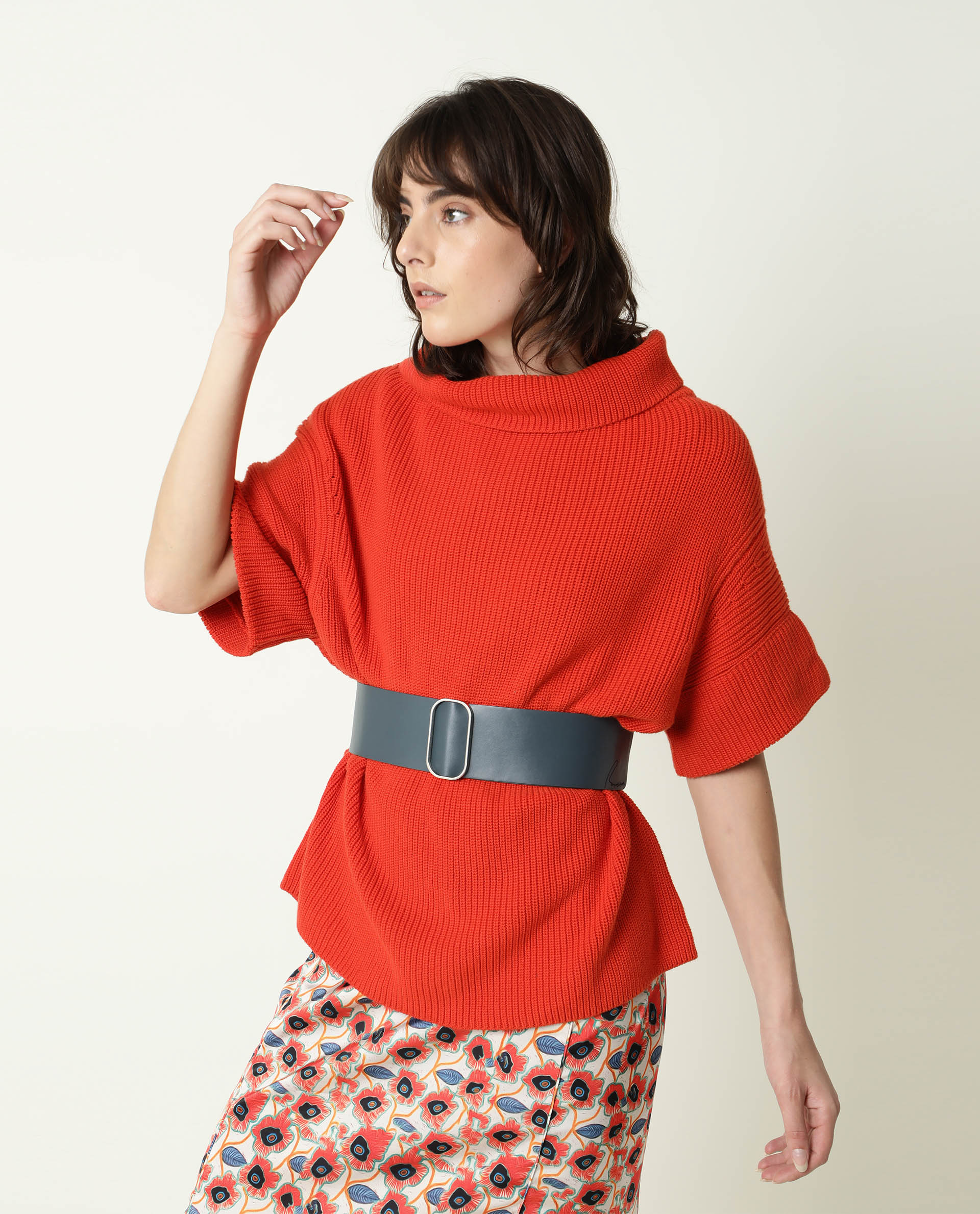 Rareism Women Daffy Orange Cotton Fabric Half Sleeves Relaxed Fit Solid Cowl Neck Sweater