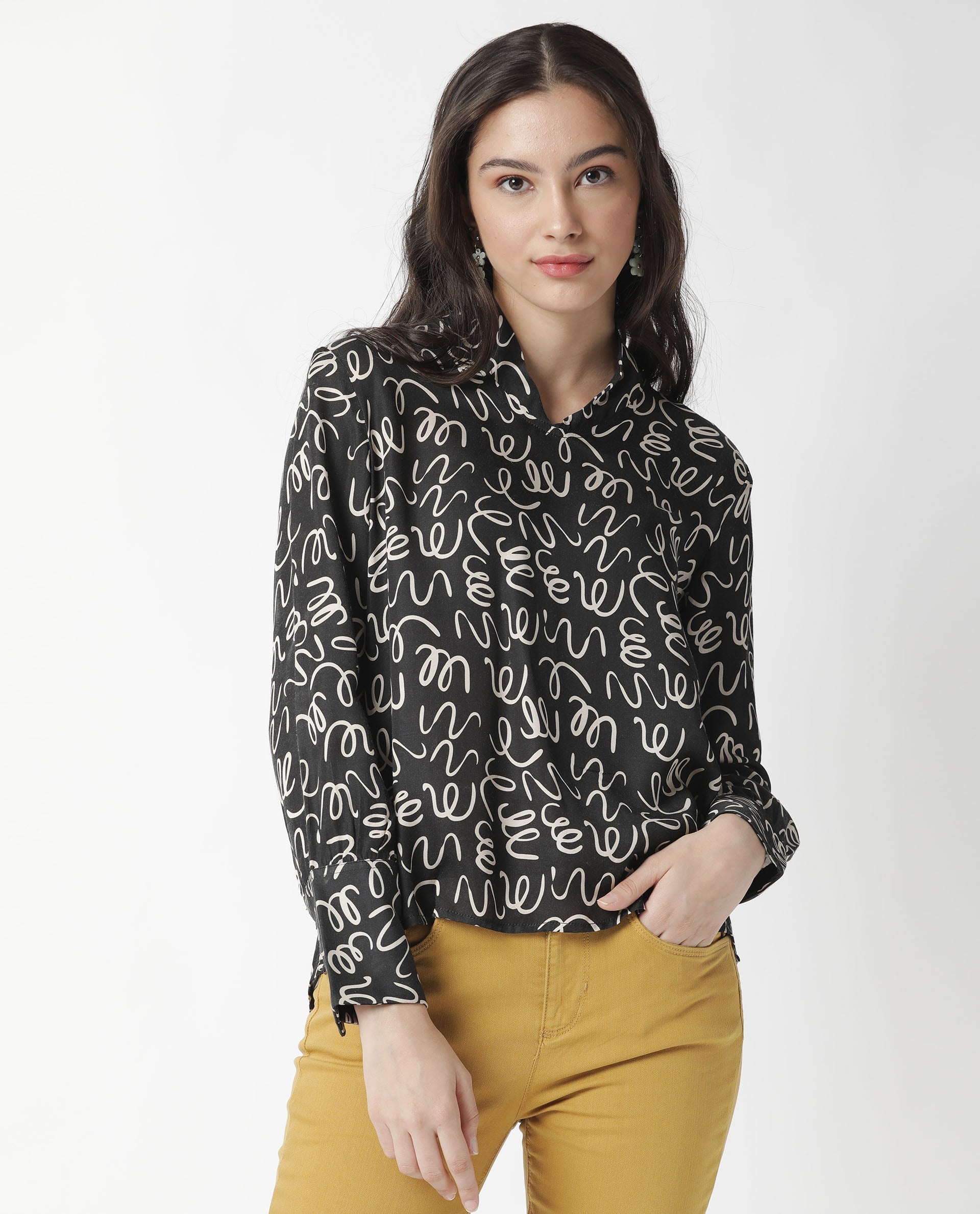Rareism Womens Zesh Black Top Modal Satin Fabric Regular Fit Full Sleeve High Neck