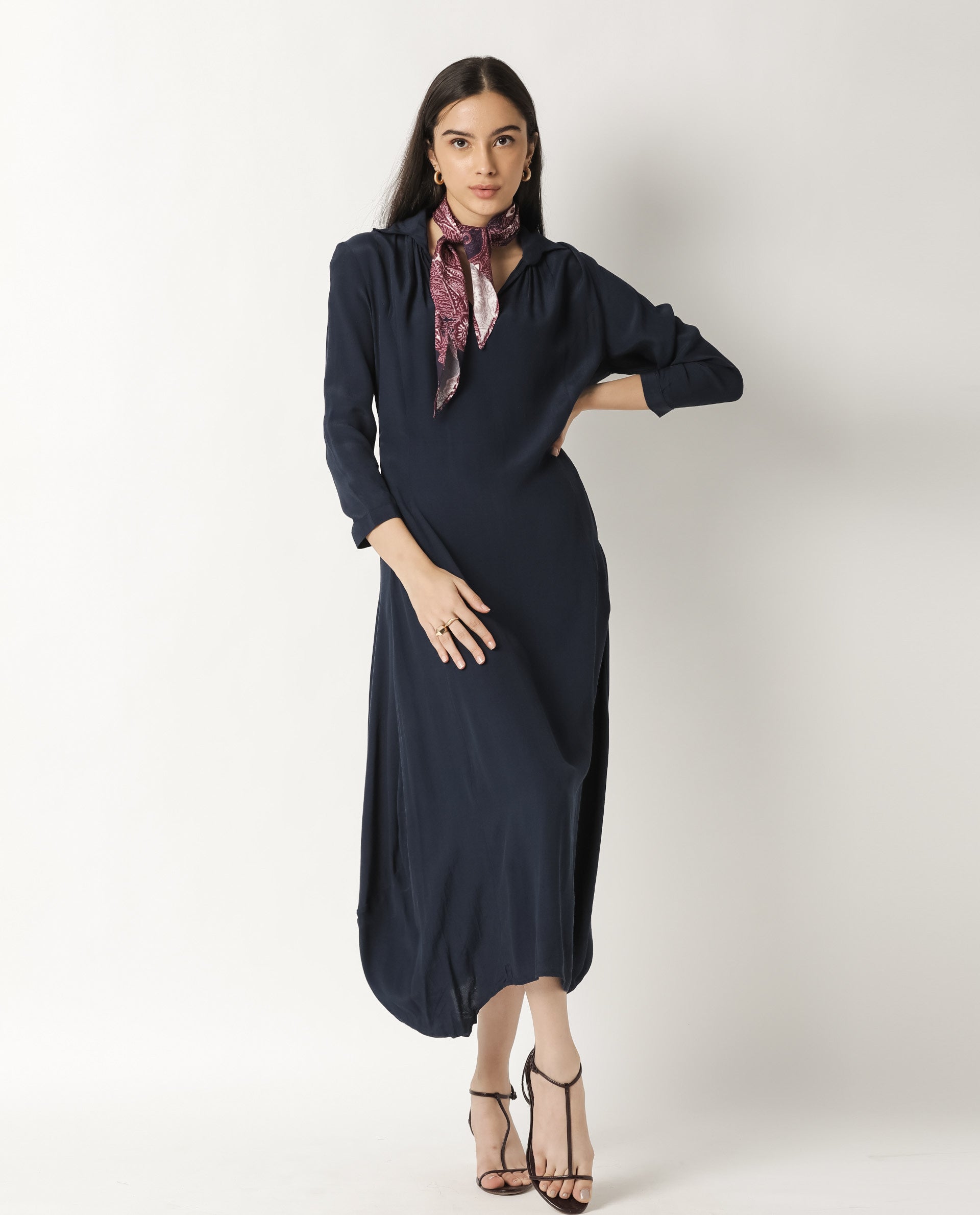 Rareism Women Janice Navy Shirt Collar 3/4 Sleeves Asymmetric Midi Dress