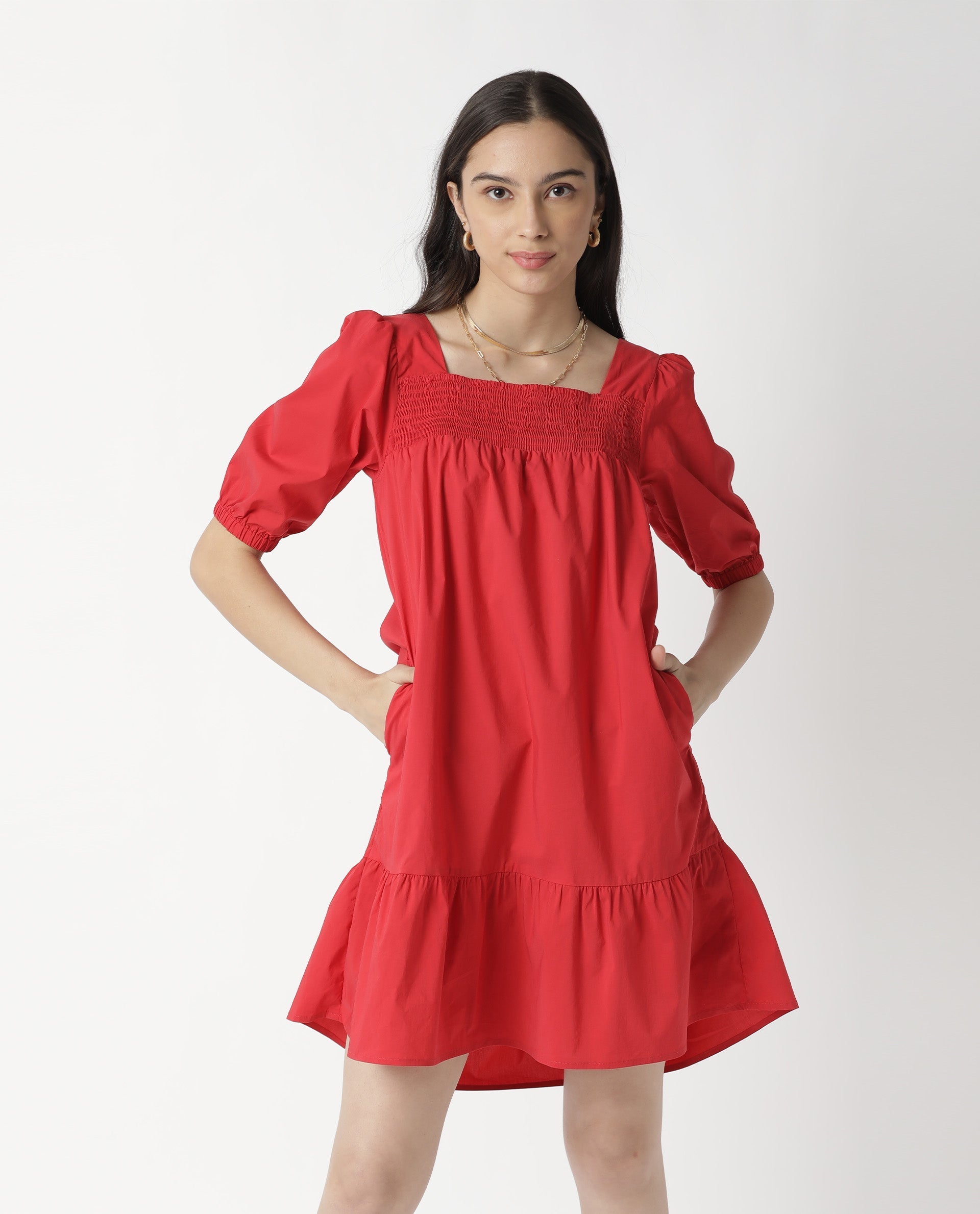 Rareism Womens Catchy Red Dress Cotton Lycra Fabric Relaxed Fit Puff Sleeves Square Neck