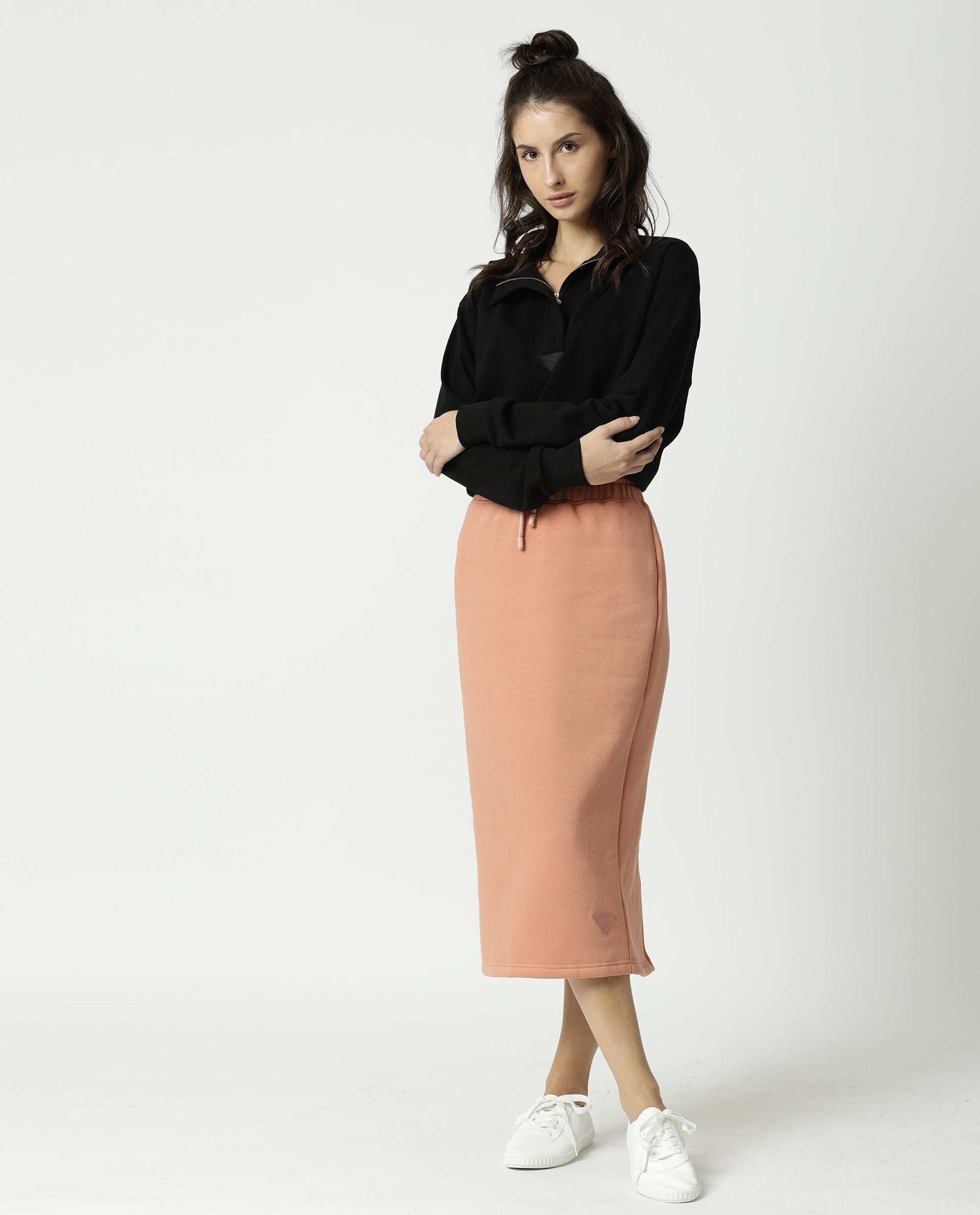 Rareism Women Fudge Orange Poly Cotton Fabric Tailored Fit High Rise Solid Midi Skirt