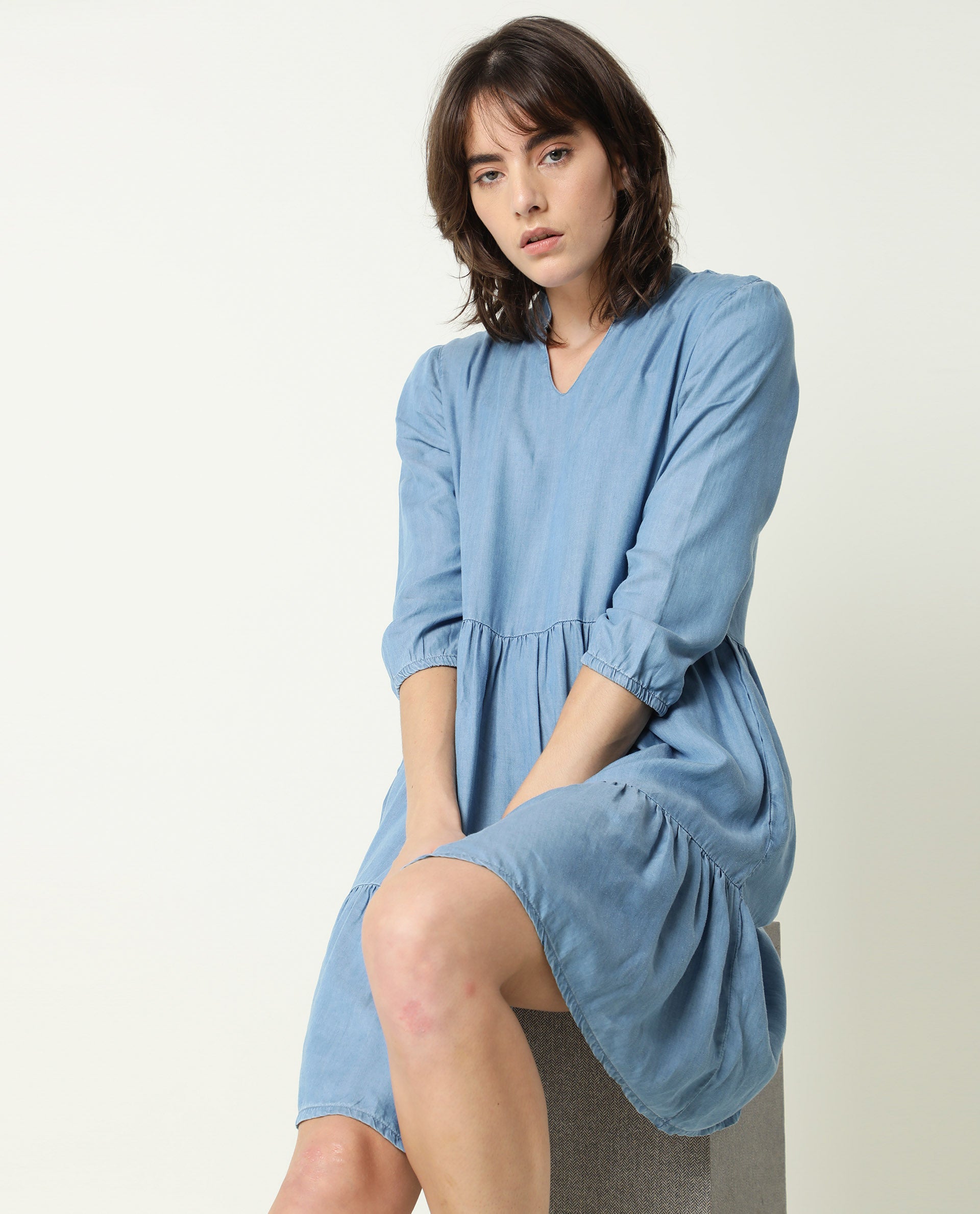 Rareism Women's Mayo Blue Lyocell V-Neck Plain Knee Length Relaxed Fit Dress