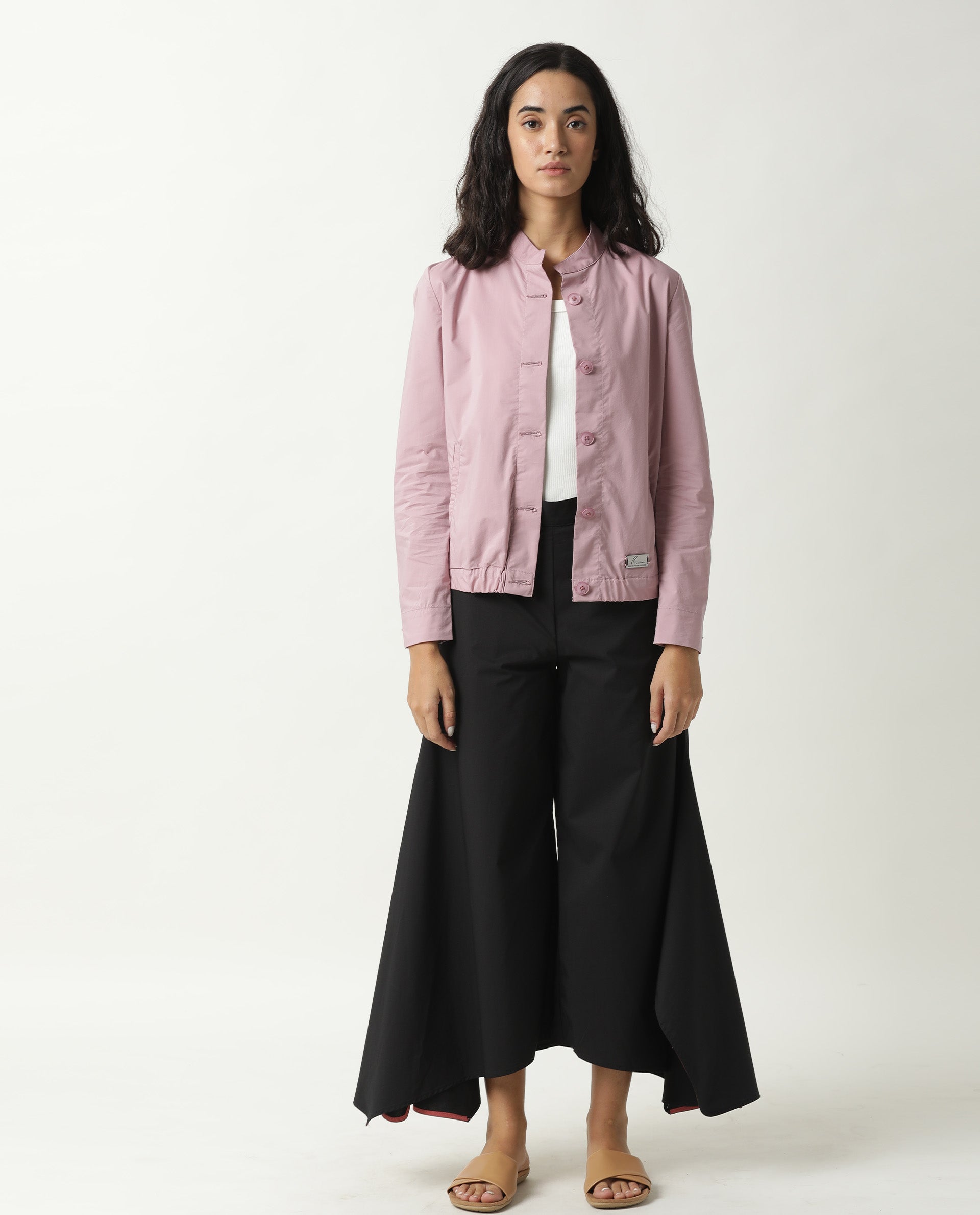 Rareism Women Aomori Pastel Purple Poly Lycra Fabric Full Sleeves Solid Mandarin Collar Jacket