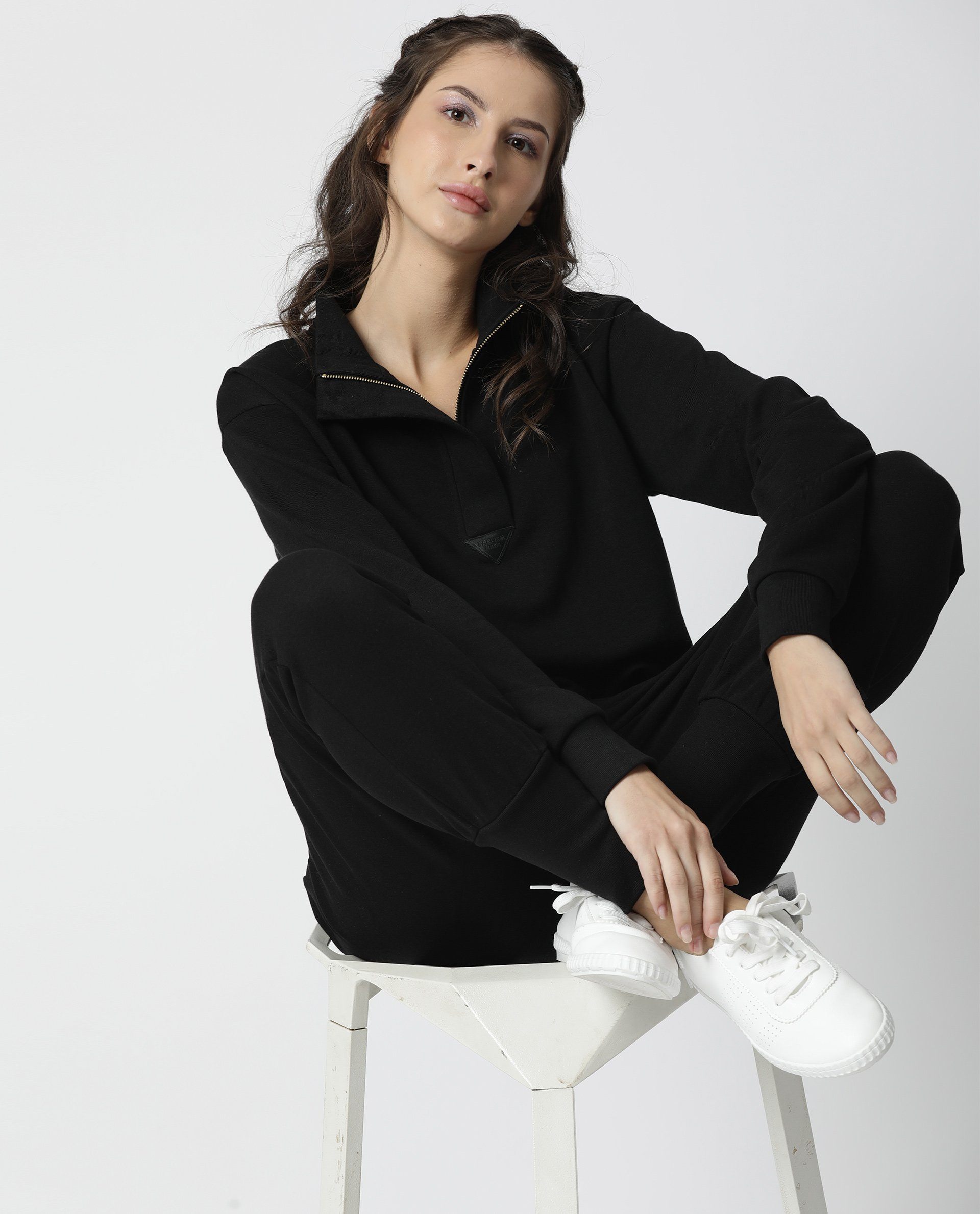 Rareism Women Taffy Black  Relaxed Fit Full Sleeves Solid High Neck Sweatshirt