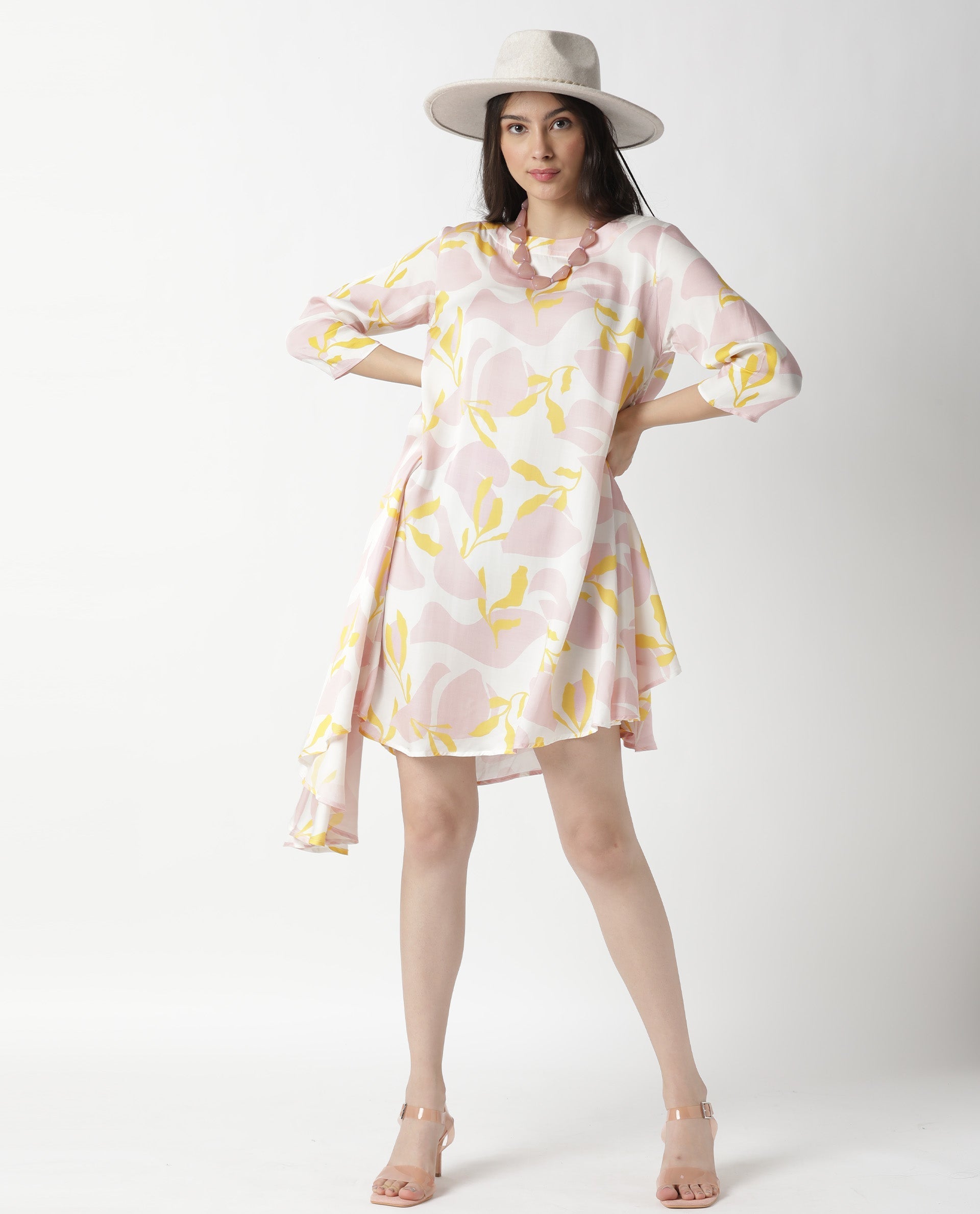 Rareism Womens Spider Pink Dress Modal Fabric Relaxed Fit 3/4 Sleeve Round Neck