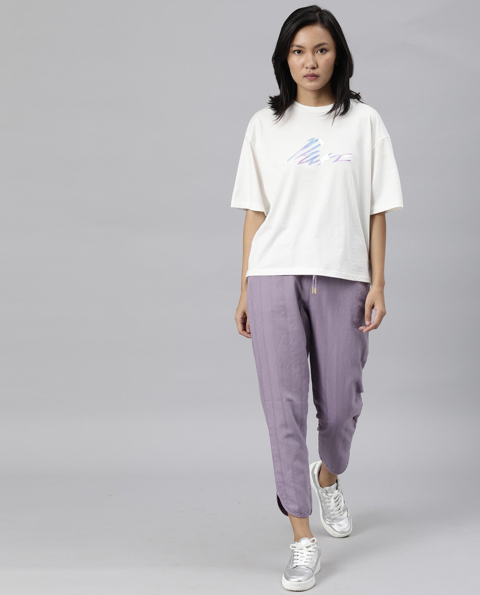 Rareism Womens Dusto Lavender Trouser Cotton Linen Fabric Ankle Length Regular Fit Elasticated Waistband