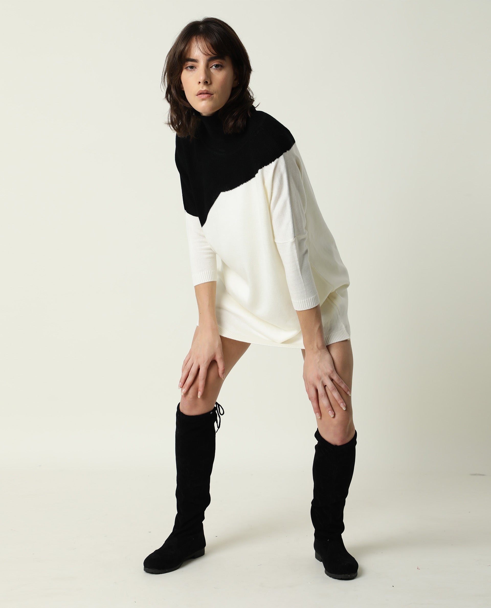 Rareism Women's Spaton Black Acrylic High Neck Color Block Knee Length Regular Fit Sweater