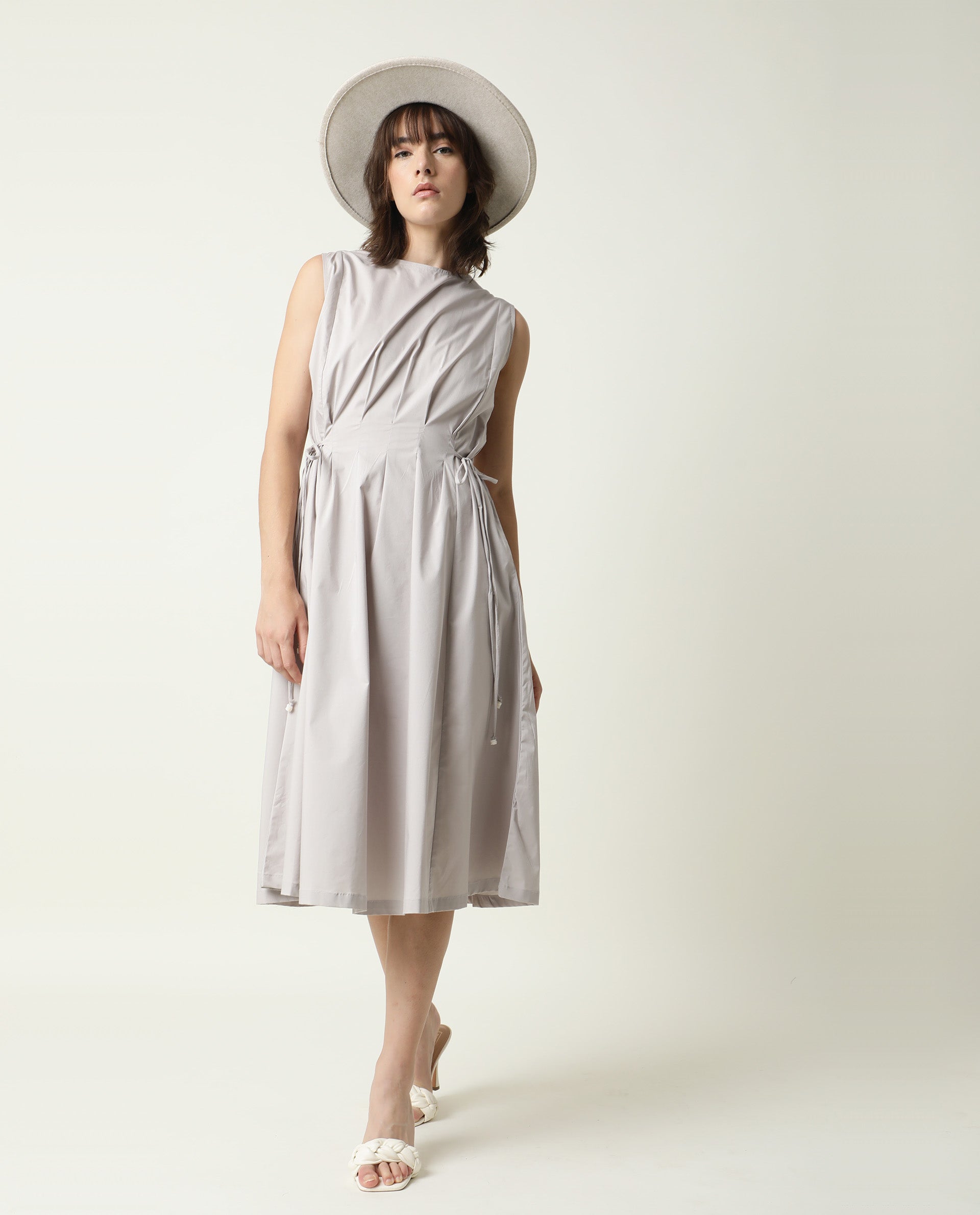 Rareism Womens Zippo Grey Dress Cotton Lycra Fabric Regular Fit Sleeveless Round Neck