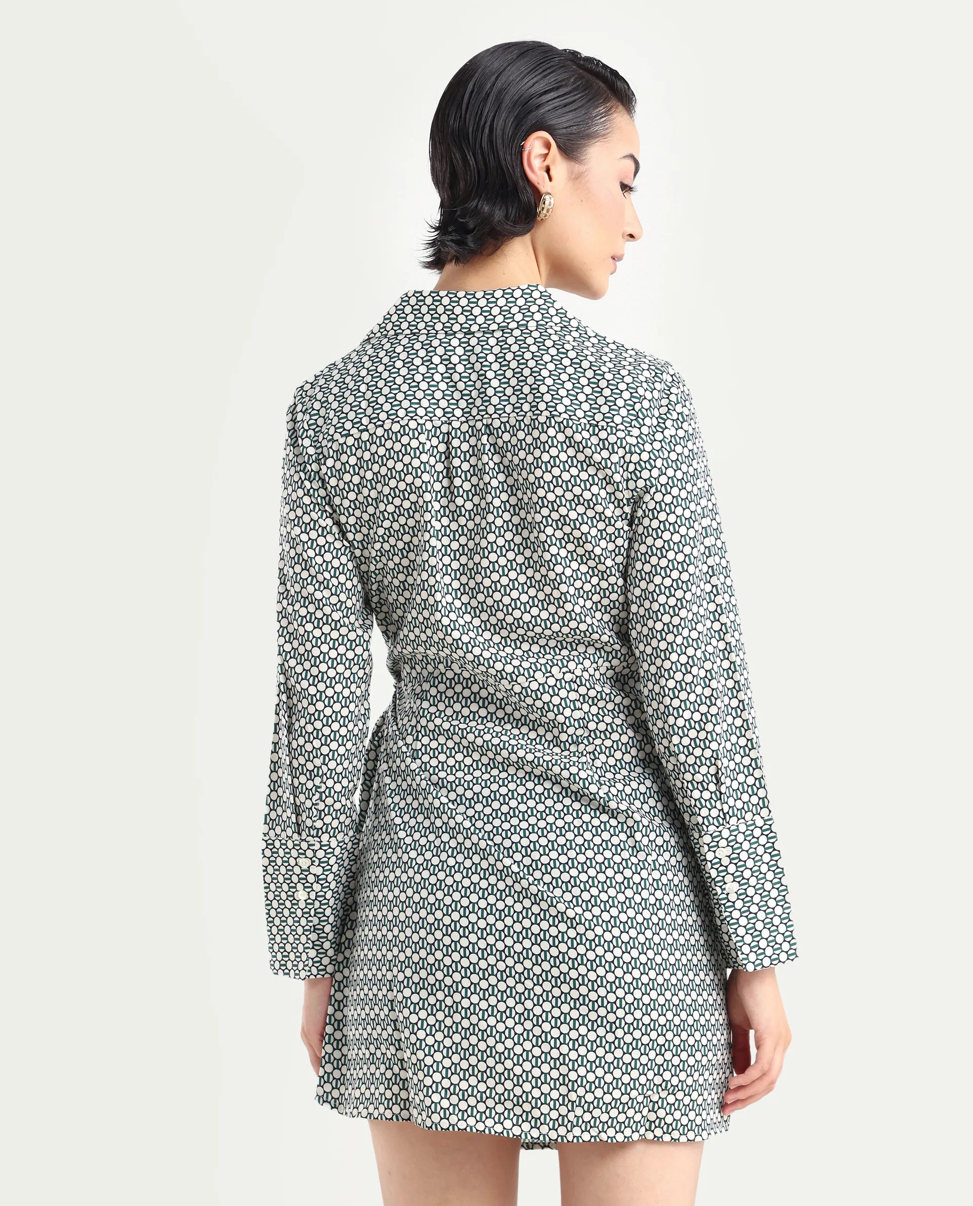 Rareism Women's Mackay Green Polyester Drop Collar Geometric Print Mini Regular Fit Dress