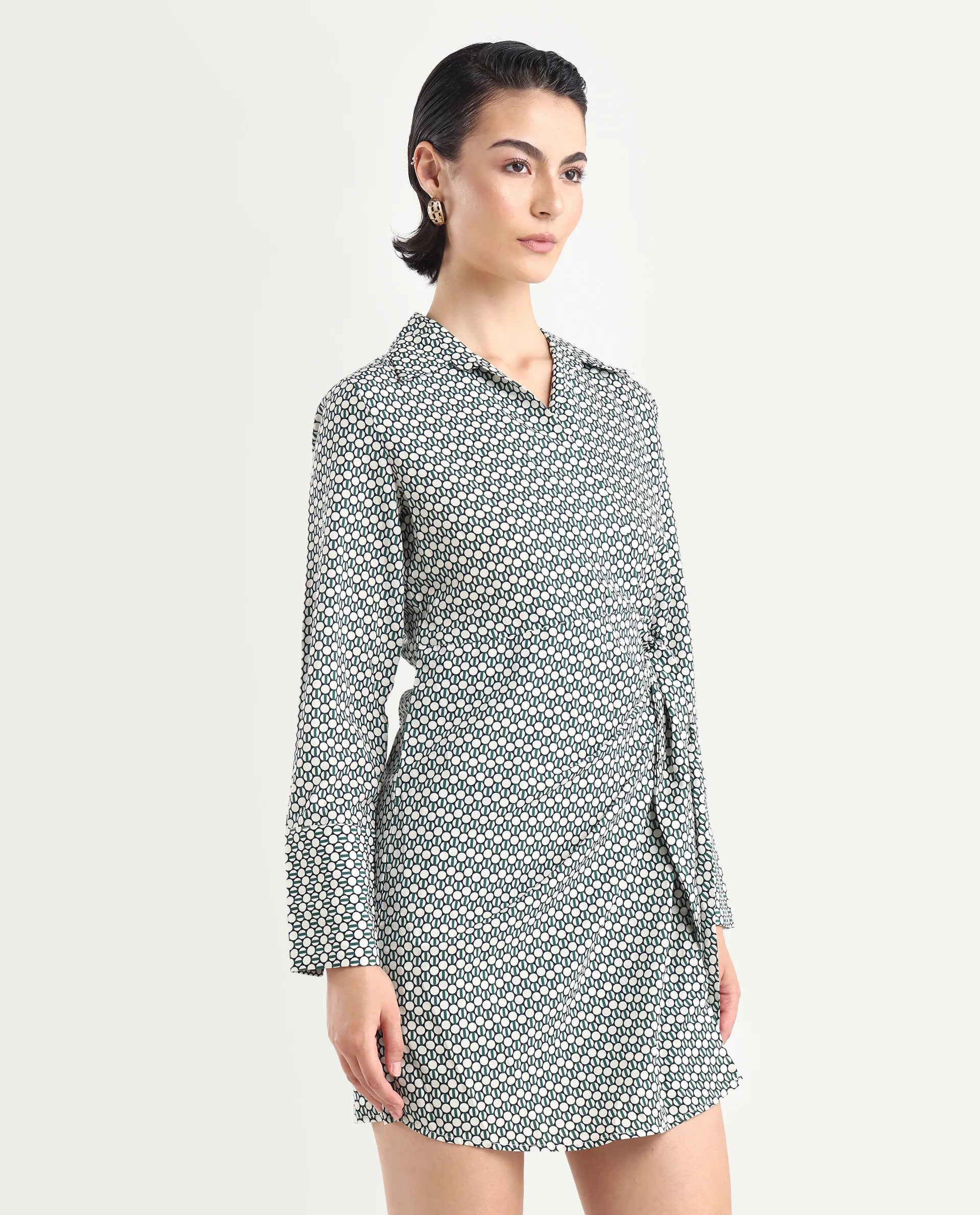 Rareism Women's Mackay Green Polyester Drop Collar Geometric Print Mini Regular Fit Dress