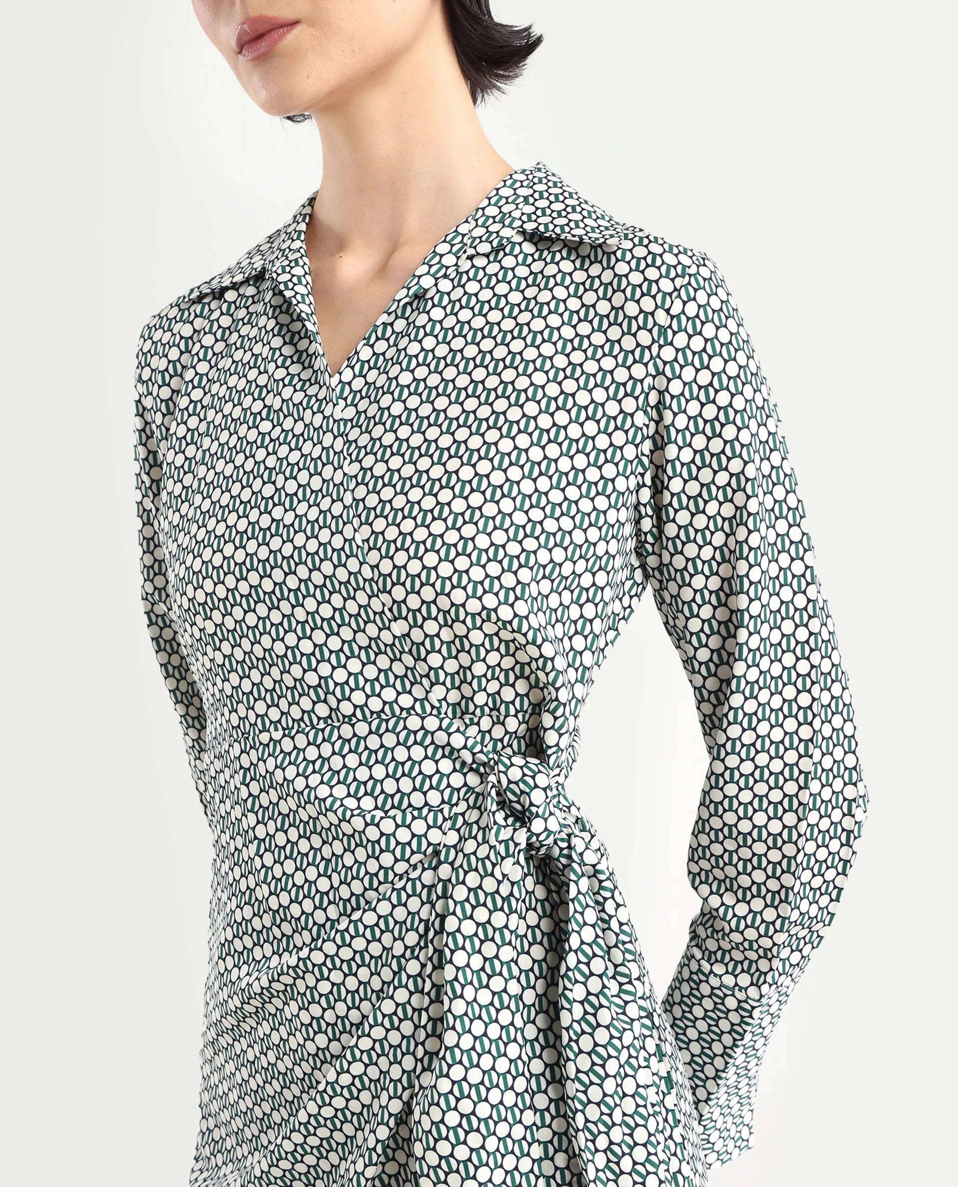 Rareism Women's Mackay Green Polyester Drop Collar Geometric Print Mini Regular Fit Dress