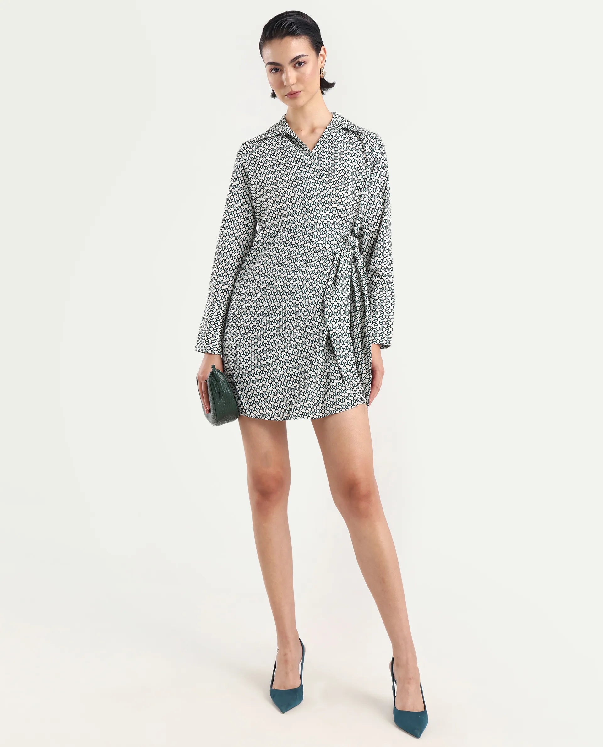 Rareism Women's Mackay Green Polyester Drop Collar Geometric Print Mini Regular Fit Dress
