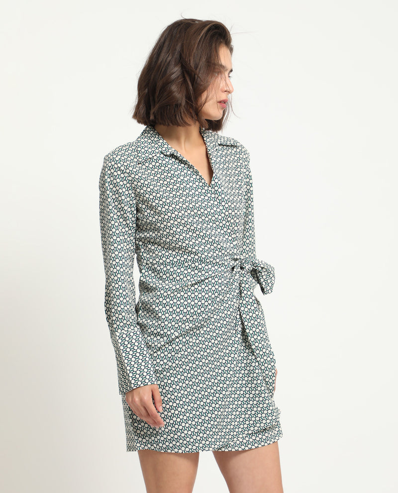 Rareism Women Mackay Green Polyester Fabric Full Sleeves Drop Collar Regular Fit Geometric Print Short Boxy Dress