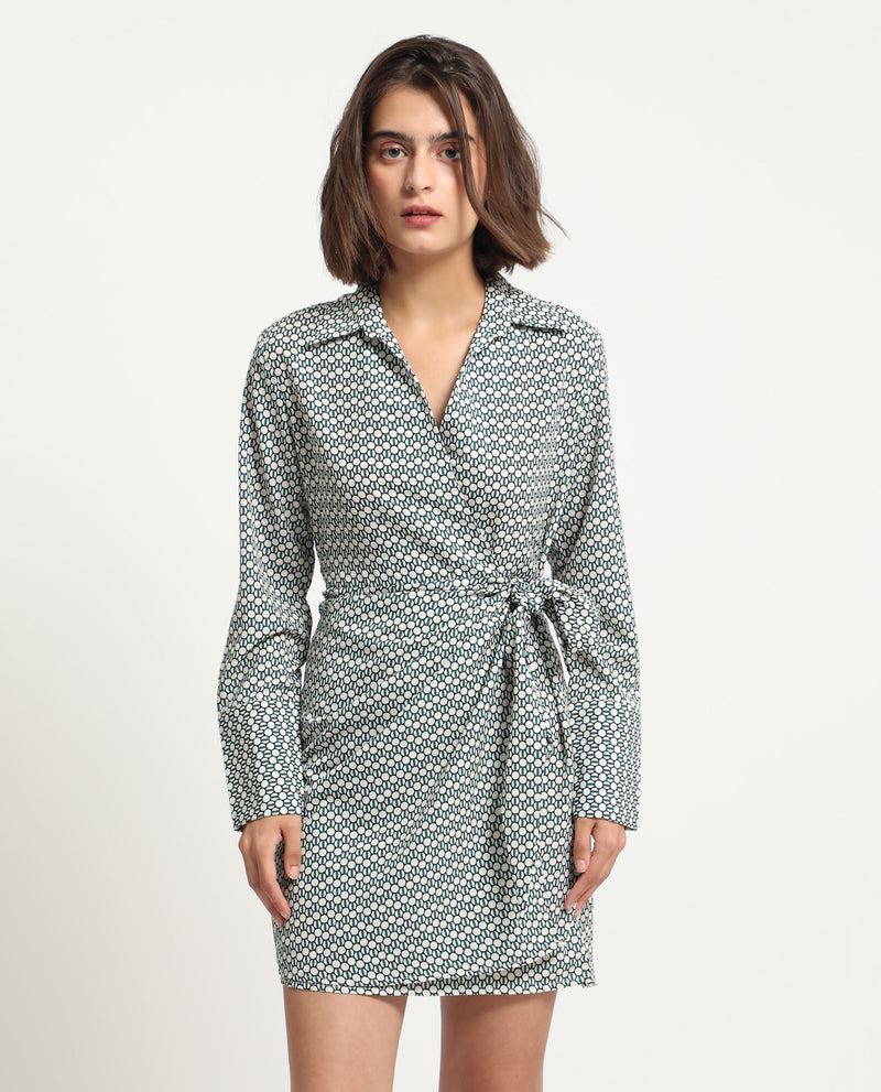 Rareism Women Mackay Green Polyester Fabric Full Sleeves Drop Collar Regular Fit Geometric Print Short Boxy Dress