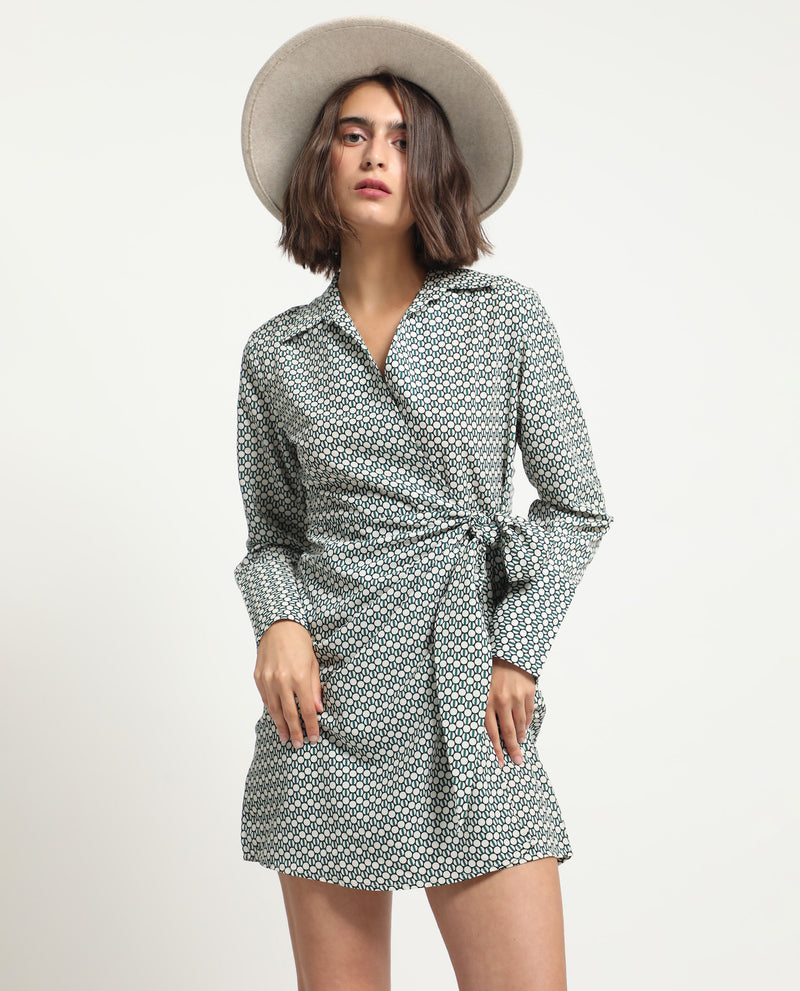 Rareism Women Mackay Green Polyester Fabric Full Sleeves Drop Collar Regular Fit Geometric Print Short Boxy Dress