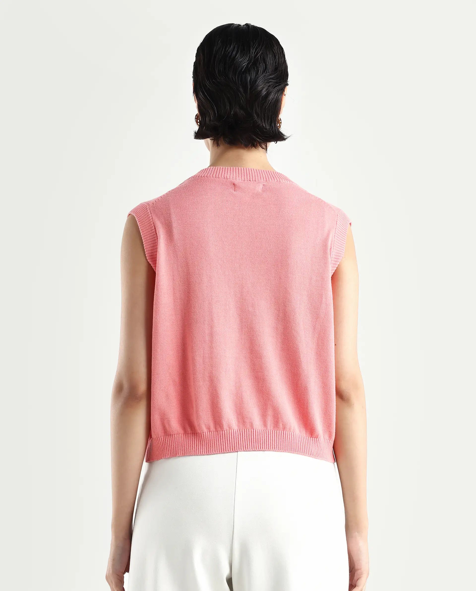 Rareism Women's Madelyn Pink Cotton V-Neck Plain Sleeveless Regular Fit Sweater