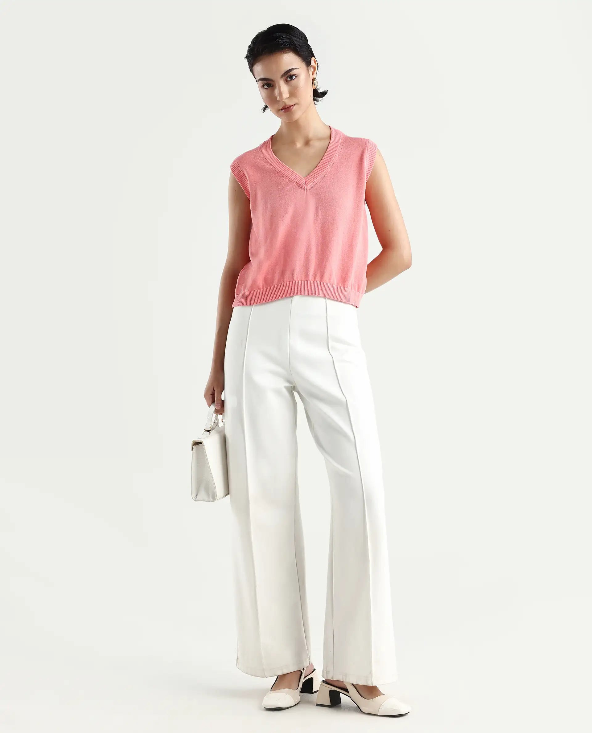 Rareism Women's Madelyn Pink Cotton V-Neck Plain Sleeveless Regular Fit Sweater