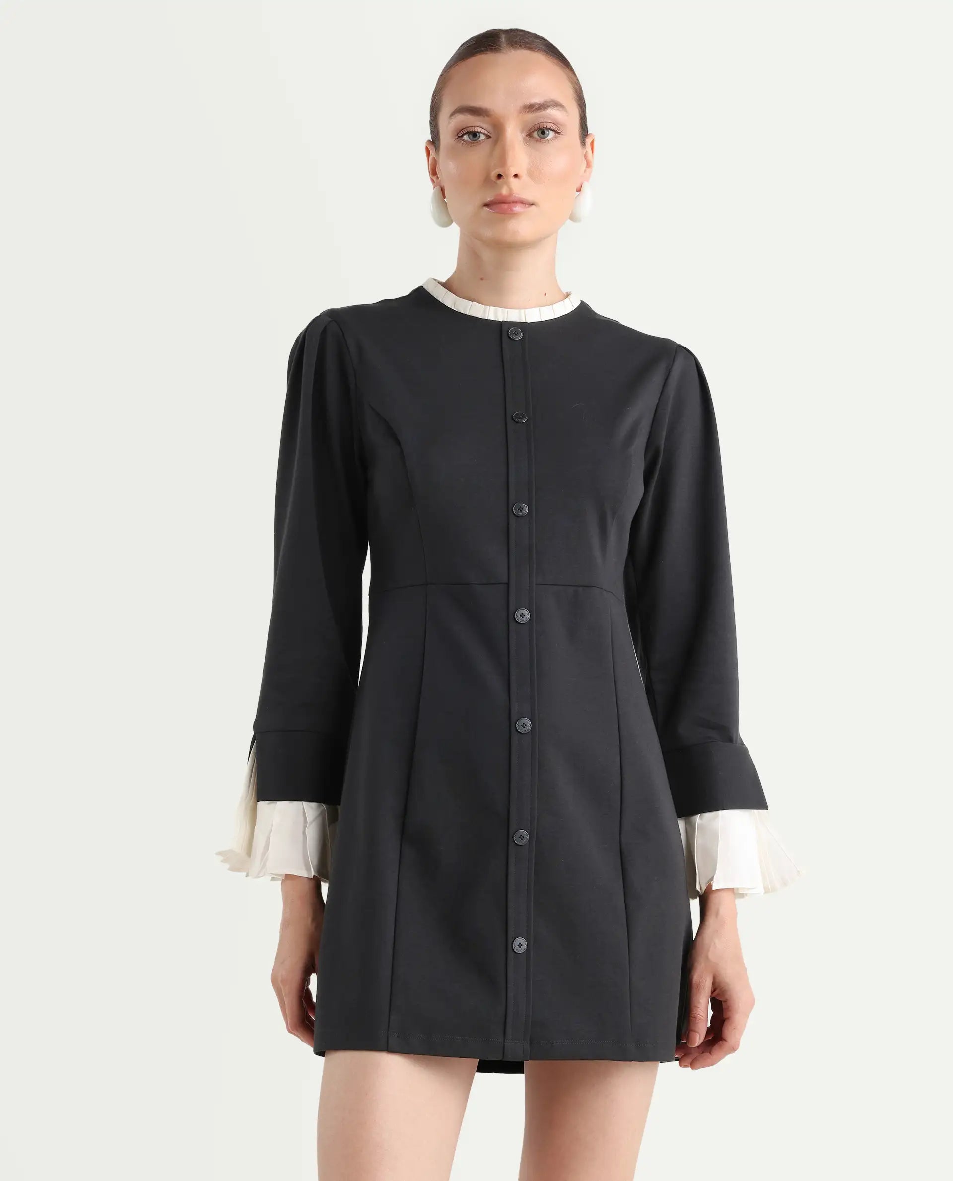 Rareism Women's Mafis Black Polyester Blend Ruffled Neck Plain Fashion Sleeve Mini Straight Fit Dress