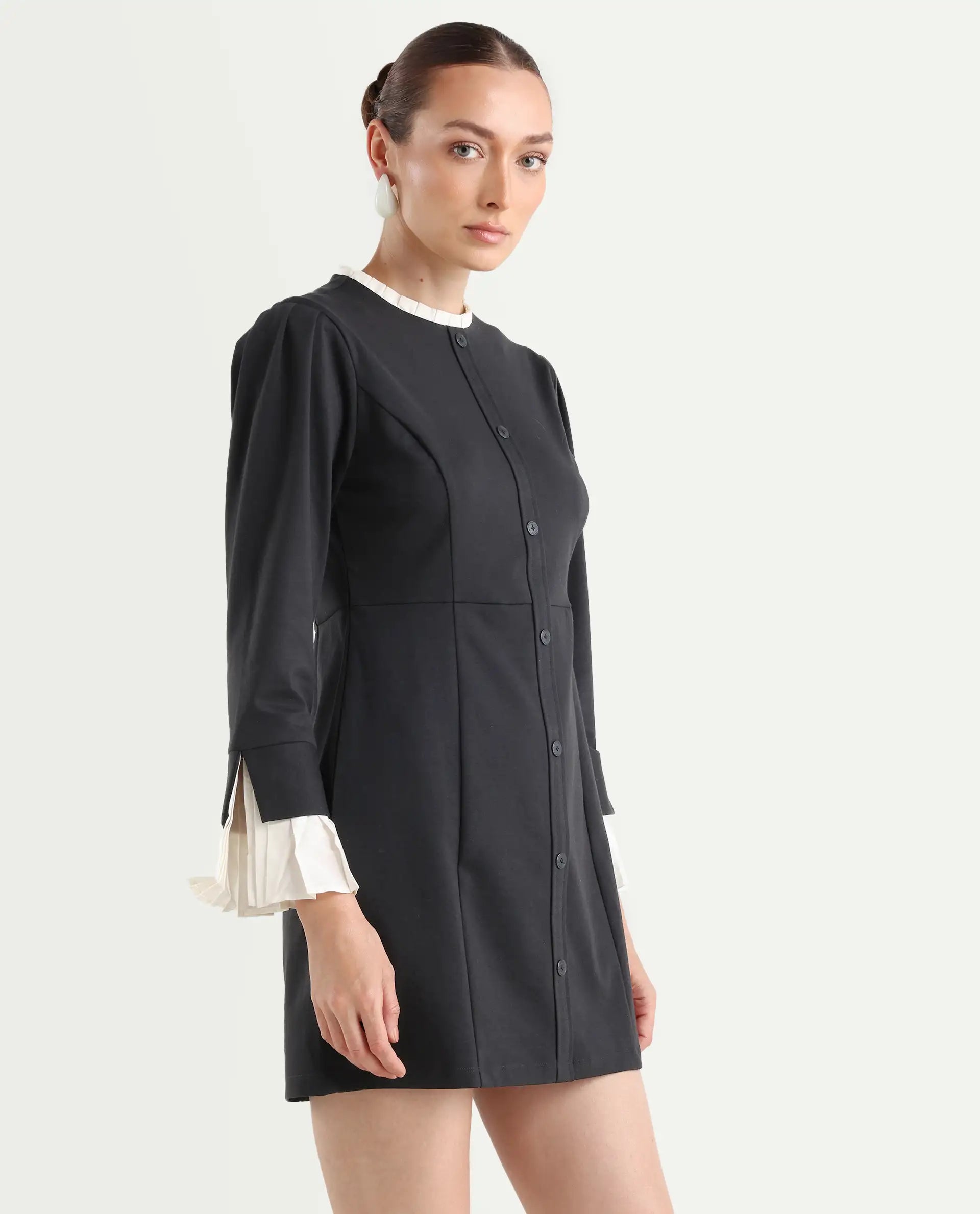 Rareism Women's Mafis Black Polyester Blend Ruffled Neck Plain Fashion Sleeve Mini Straight Fit Dress