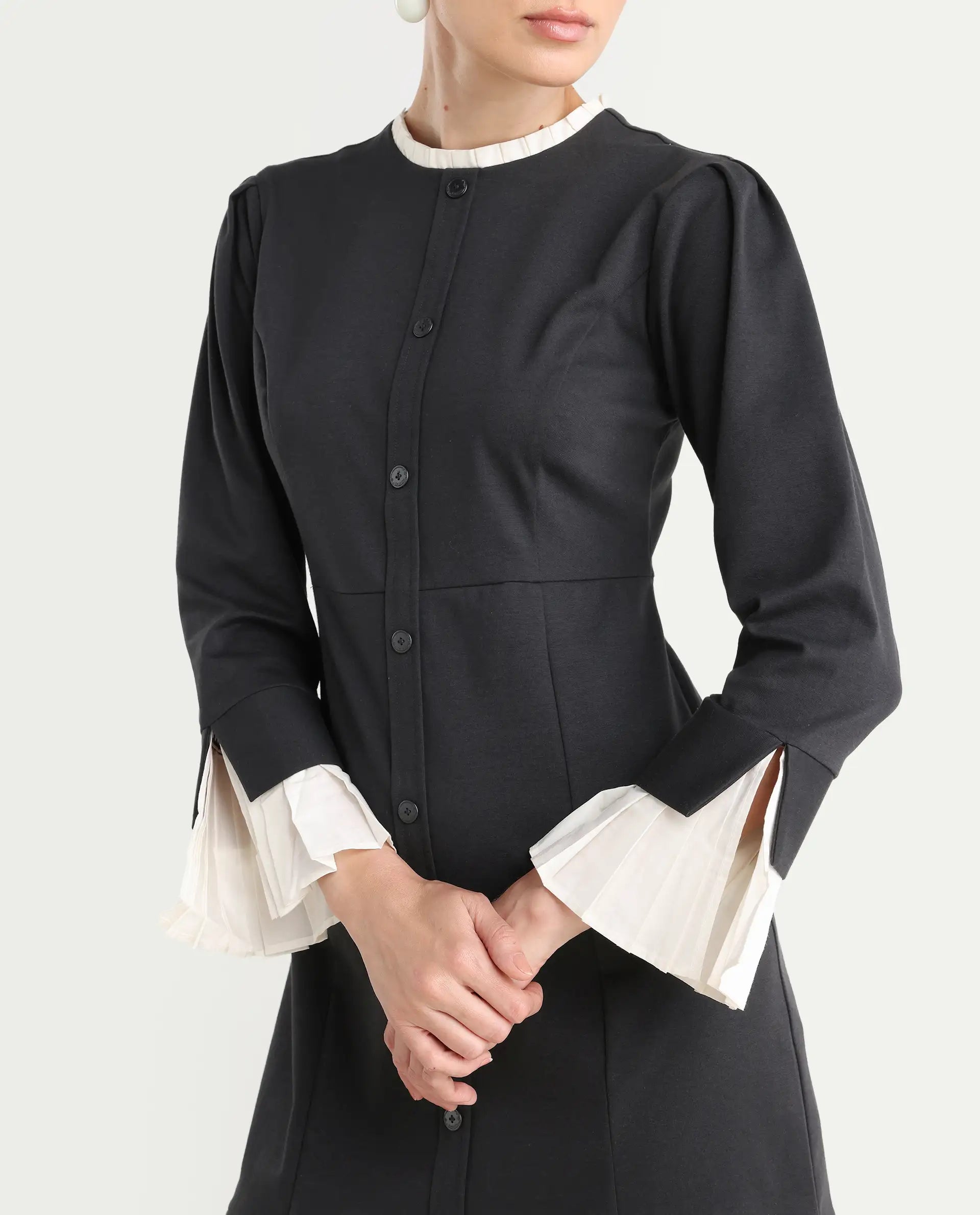 Rareism Women's Mafis Black Polyester Blend Ruffled Neck Plain Fashion Sleeve Mini Straight Fit Dress