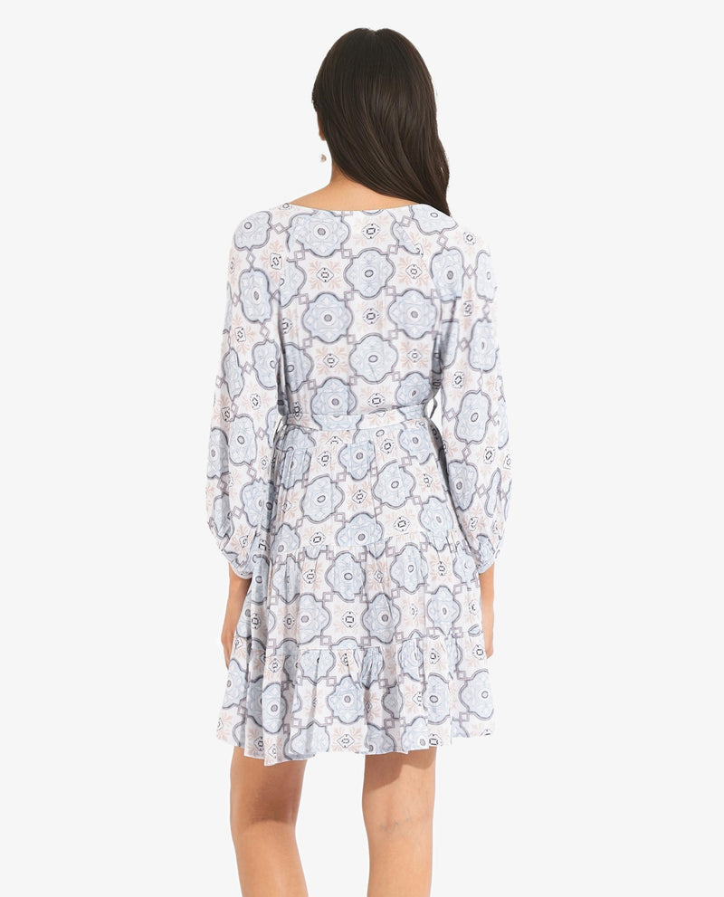 Rareism Women Mage Light Blue Raglan Sleeves Over Lap Neck Fit And Flare Mini Abstract Print Dress