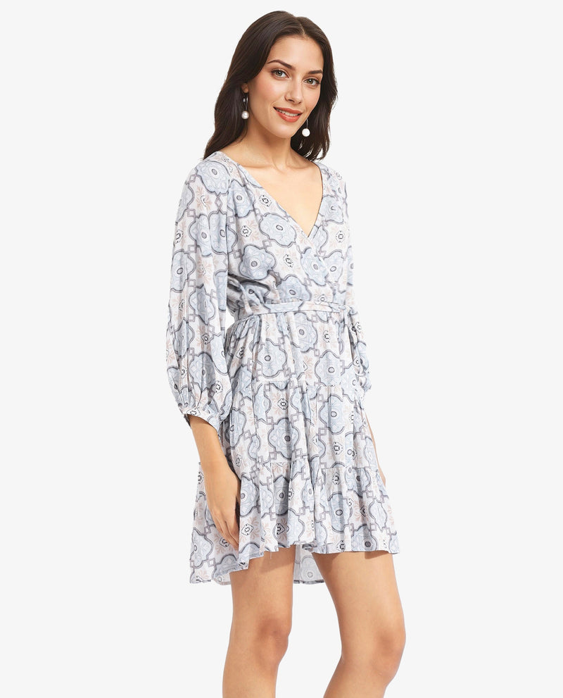 Rareism Women Mage Light Blue Raglan Sleeves Over Lap Neck Fit And Flare Mini Abstract Print Dress