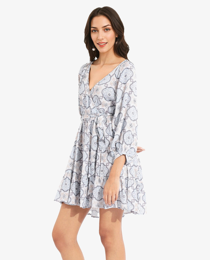 Rareism Women Mage Light Blue Raglan Sleeves Over Lap Neck Fit And Flare Mini Abstract Print Dress