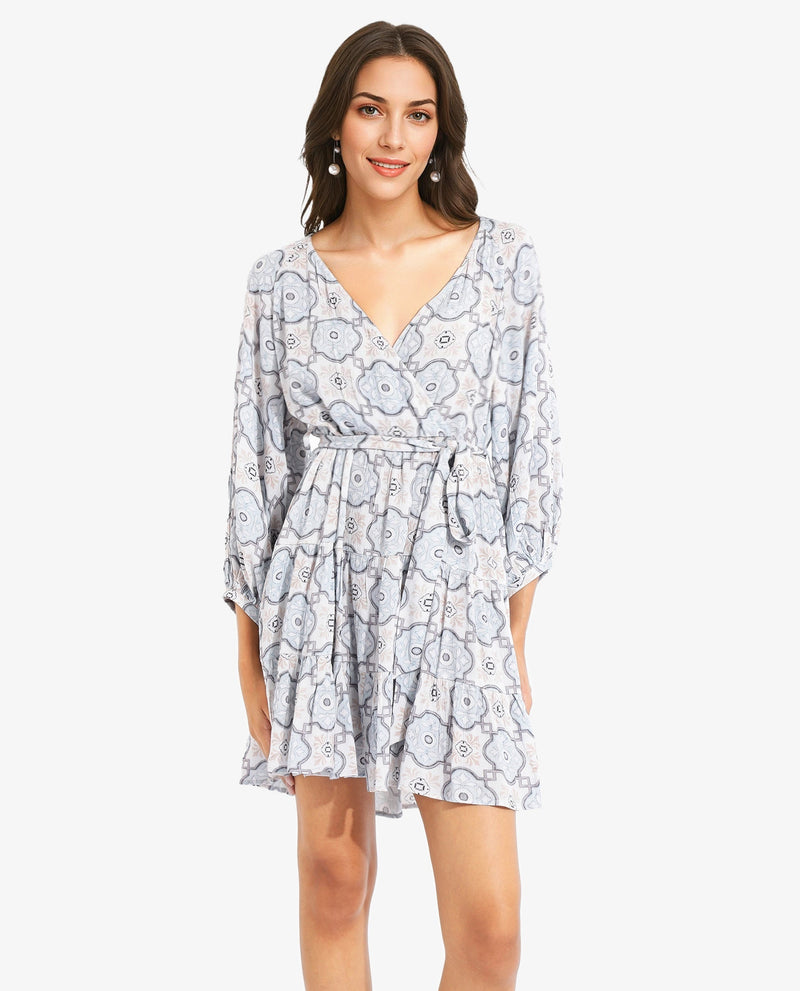 Rareism Women Mage Light Blue Raglan Sleeves Over Lap Neck Fit And Flare Mini Abstract Print Dress