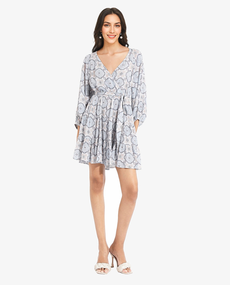 Rareism Women Mage Light Blue Raglan Sleeves Over Lap Neck Fit And Flare Mini Abstract Print Dress