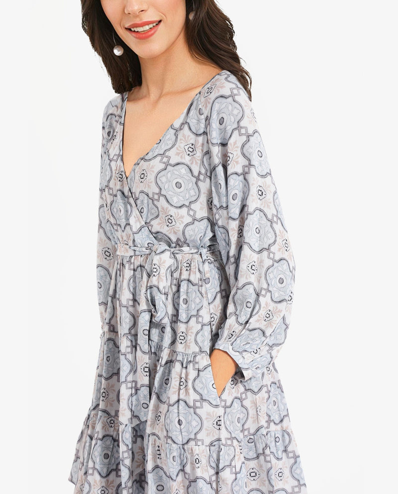 Rareism Women Mage Light Blue Raglan Sleeves Over Lap Neck Fit And Flare Mini Abstract Print Dress