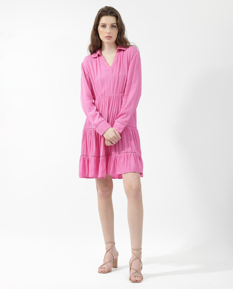 Rareism Women Magner Pink Rayon Fabric Full Sleeves Collared Neck Fit And Flare Plain Mini Dress