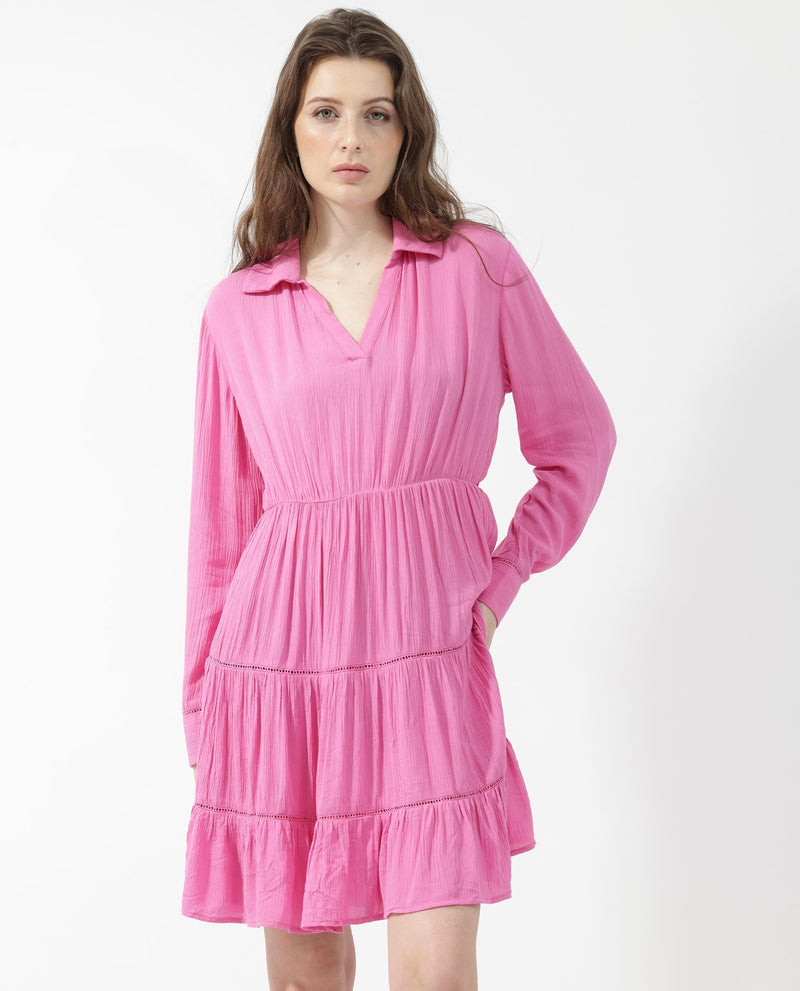 Rareism Women Magner Pink Rayon Fabric Full Sleeves Collared Neck Fit And Flare Plain Mini Dress