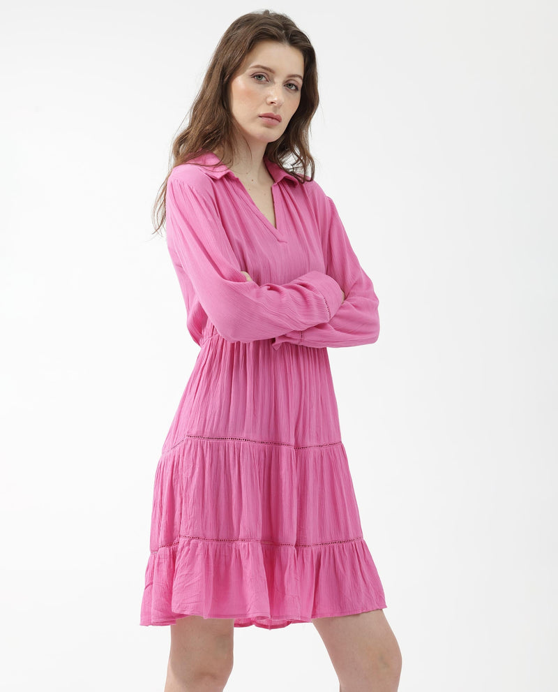 Rareism Women Magner Pink Rayon Fabric Full Sleeves Collared Neck Fit And Flare Plain Mini Dress