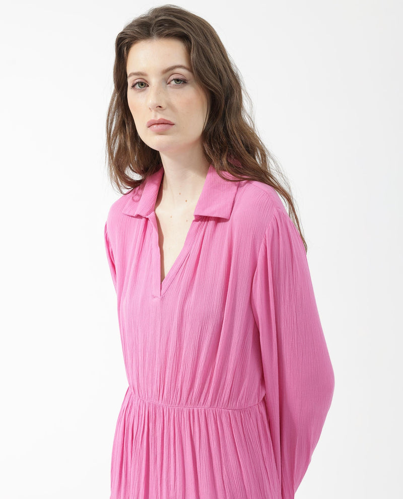 Rareism Women Magner Pink Rayon Fabric Full Sleeves Collared Neck Fit And Flare Plain Mini Dress