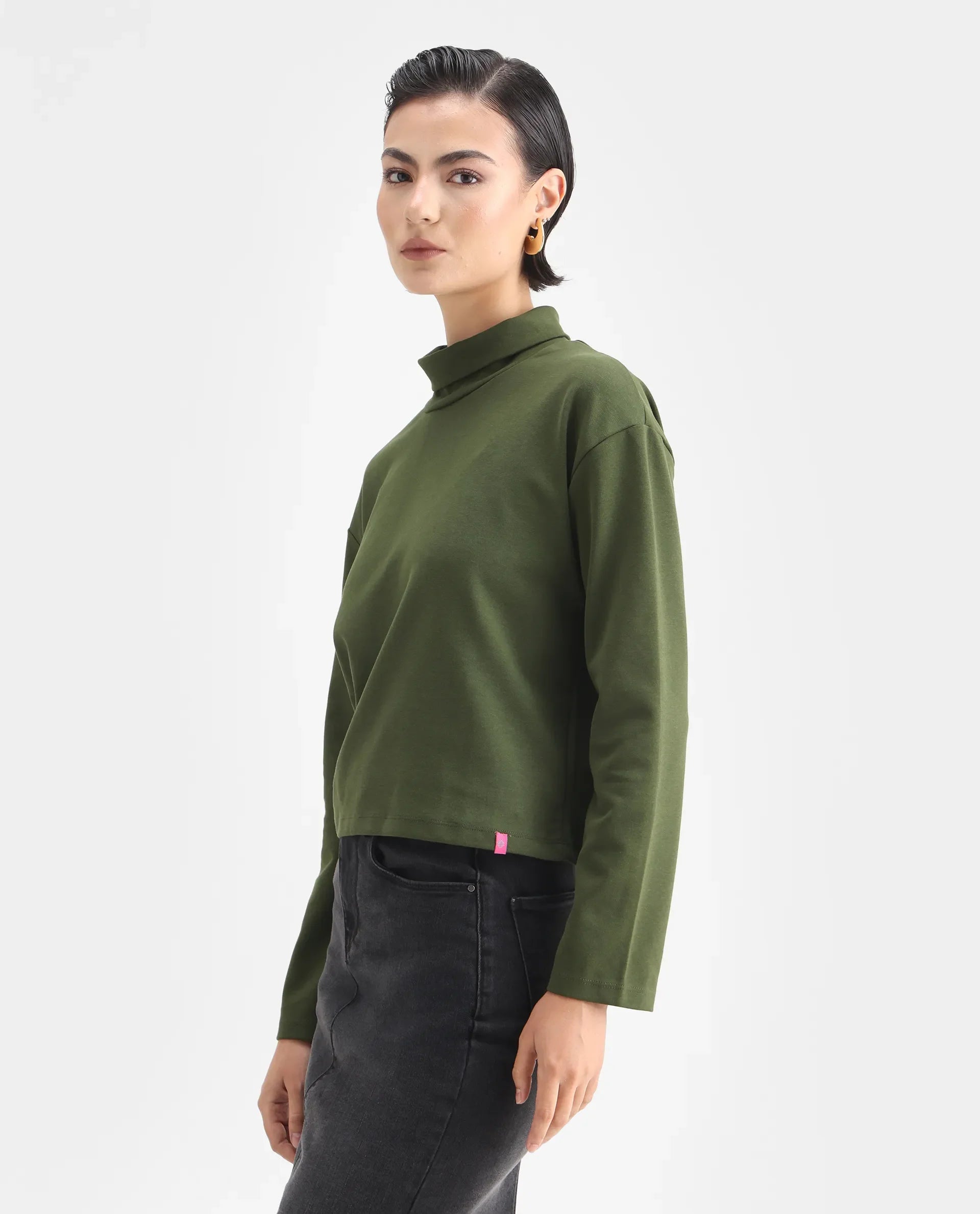 Rareism Women's Malatya Olive Cotton Blend Polo Neck Plain Slim Fit Top