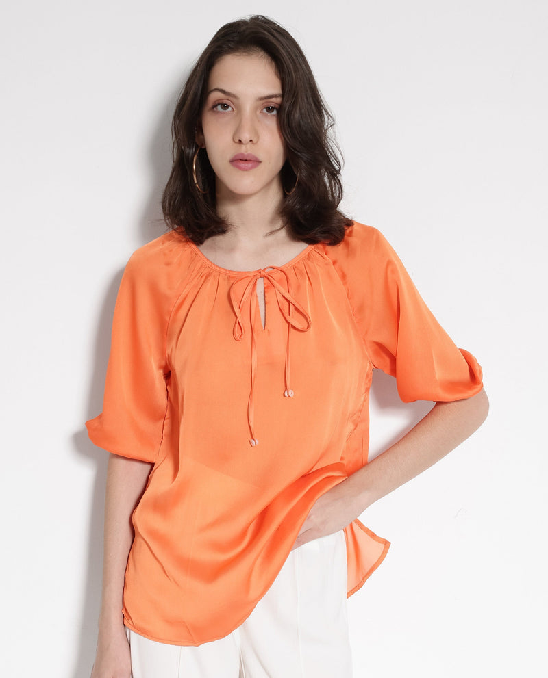 Rareism Women Maleda Orange Polyester Fabric Noodle Strap  Mini Cropped Solid Top