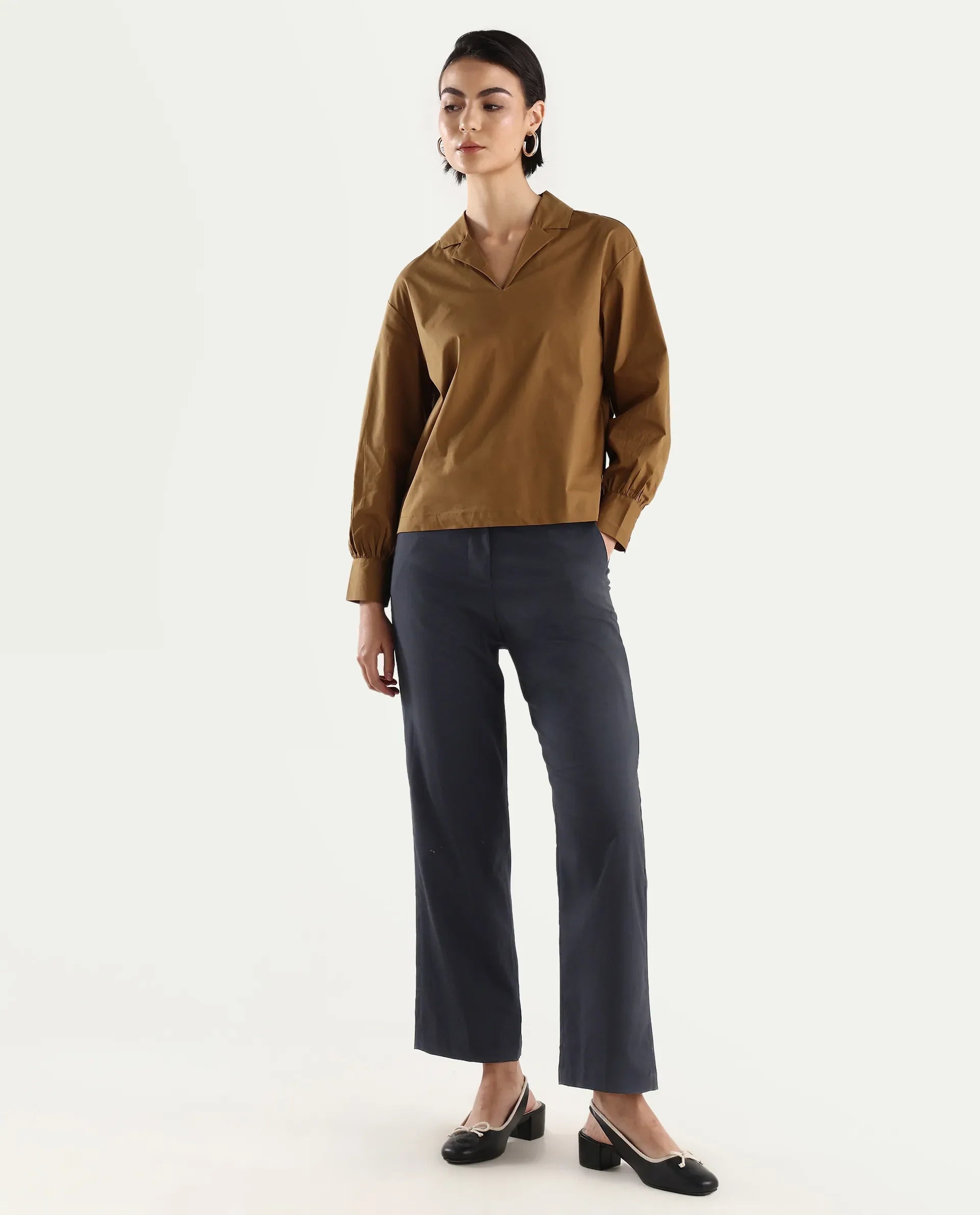 Rareism Women's Mals - Blue Polyester Blend Plain Ankle Length Tapered Trouser