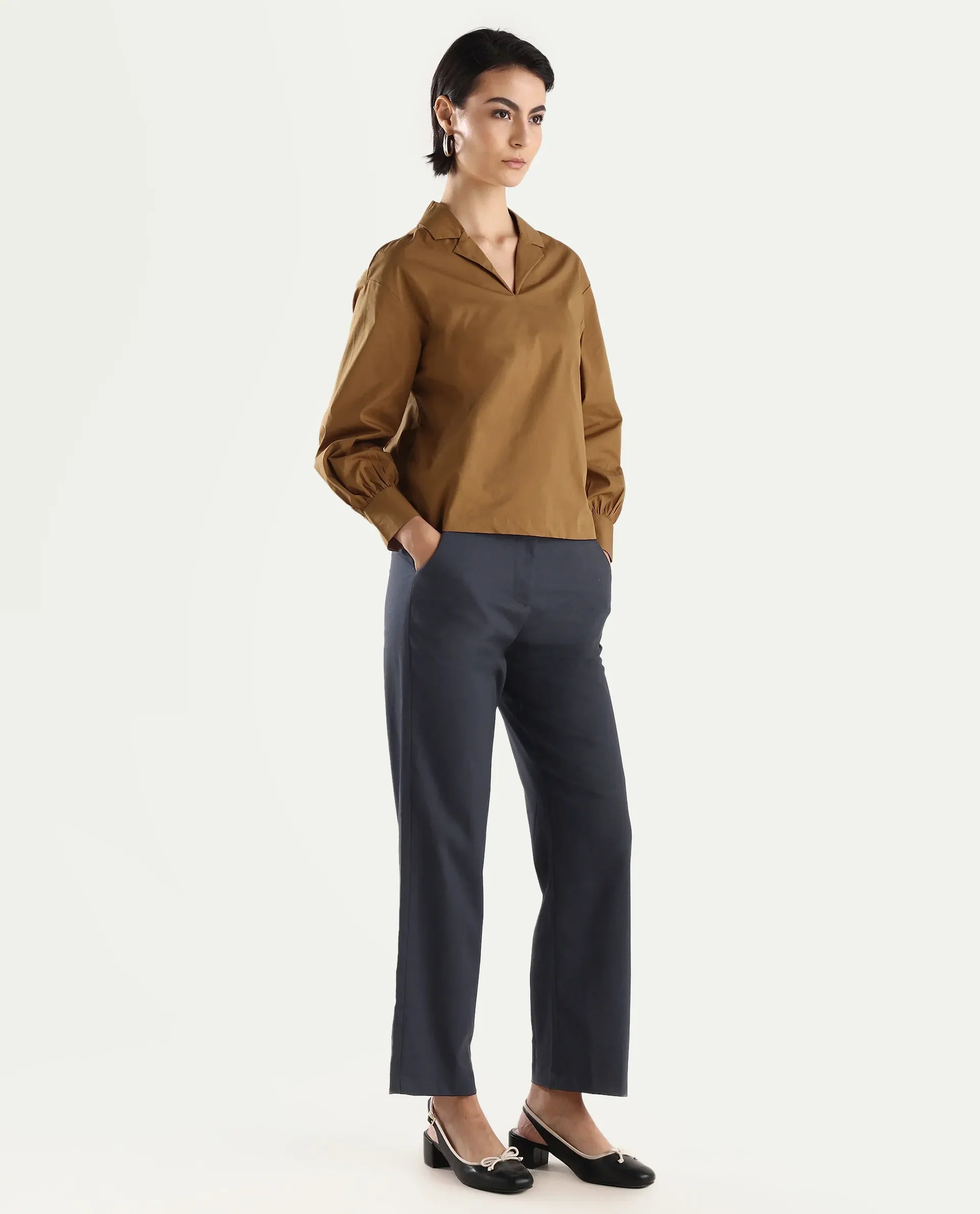 Rareism Women's Mals - Blue Polyester Blend Plain Ankle Length Tapered Trouser