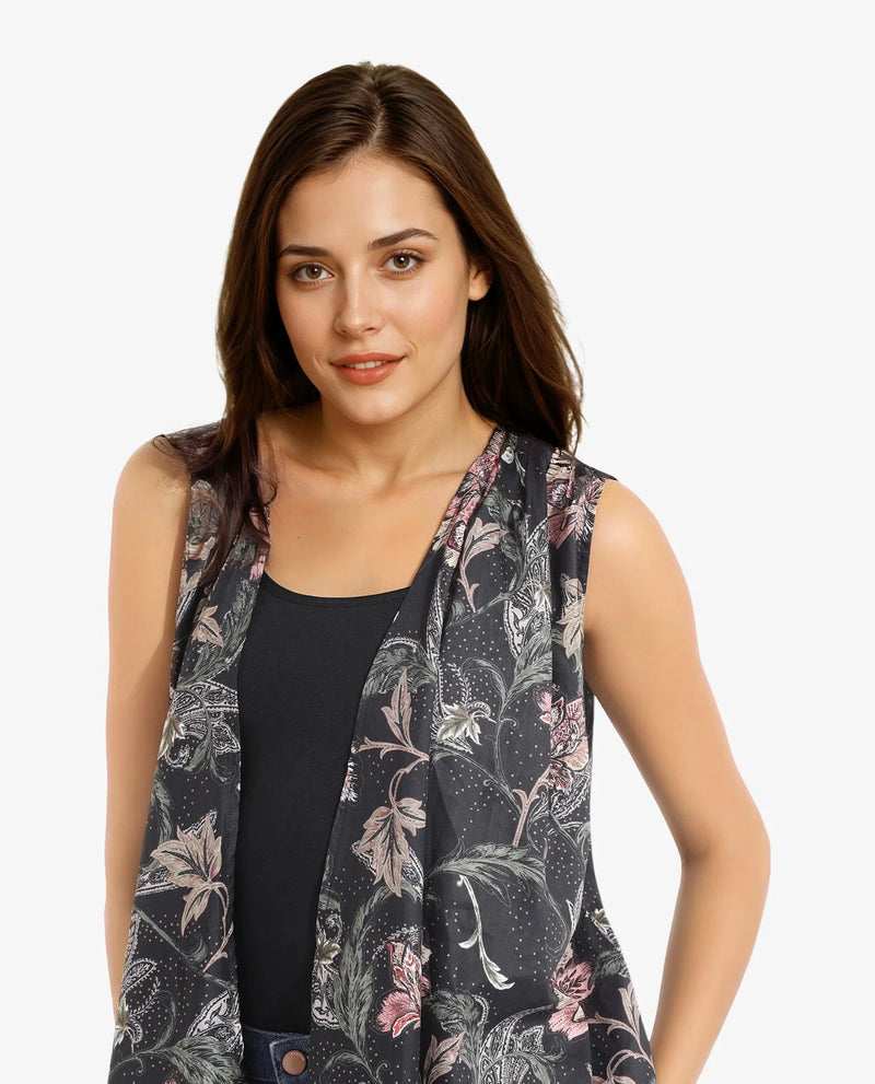 Rareism Women Manam Multi Sleeveless Relaxed Fit Tropical Print Shrug