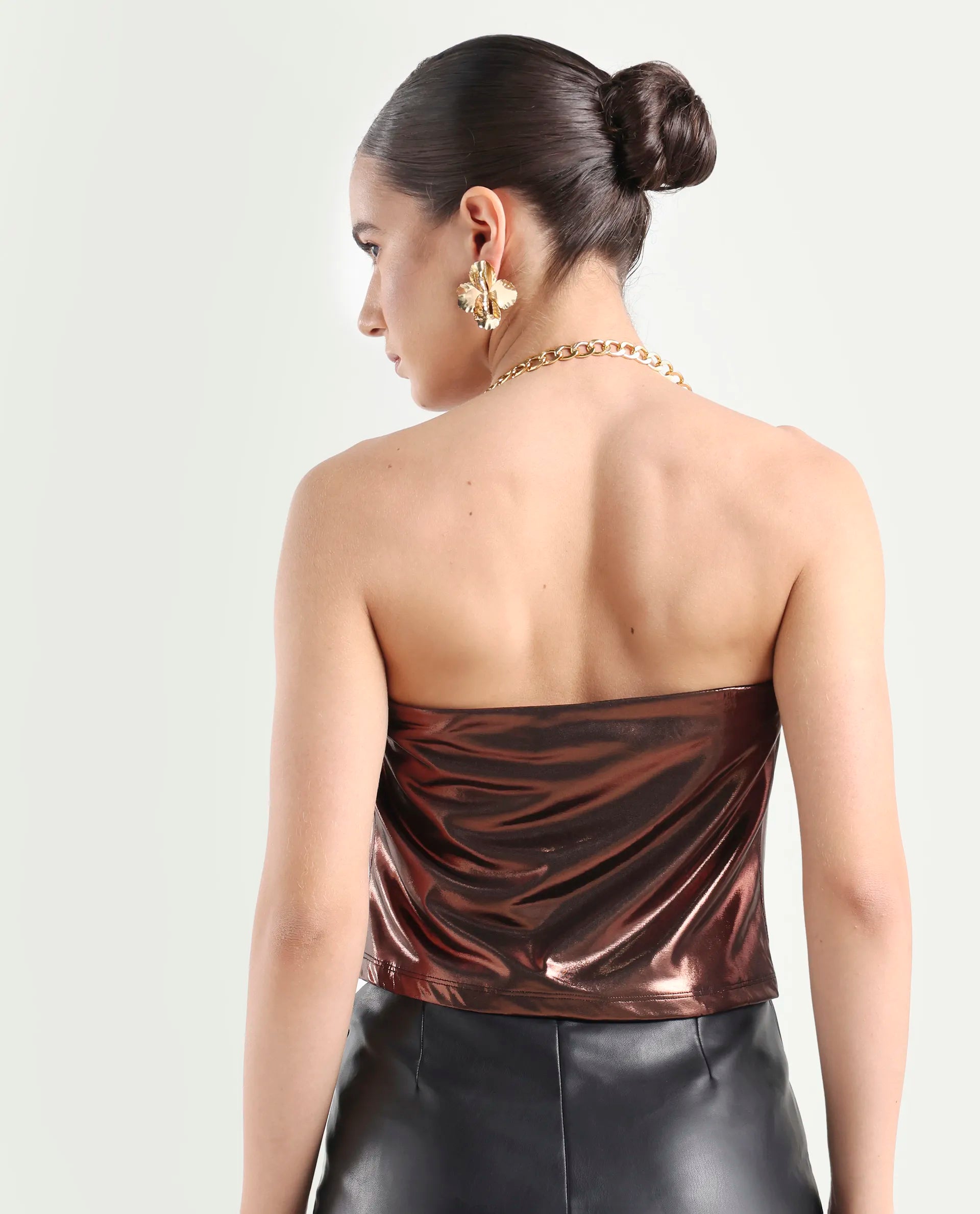 Rareism Women's Manda Metallic Brown Polyester Cowl Neck Plain Sleeveless Crop Fitted Top