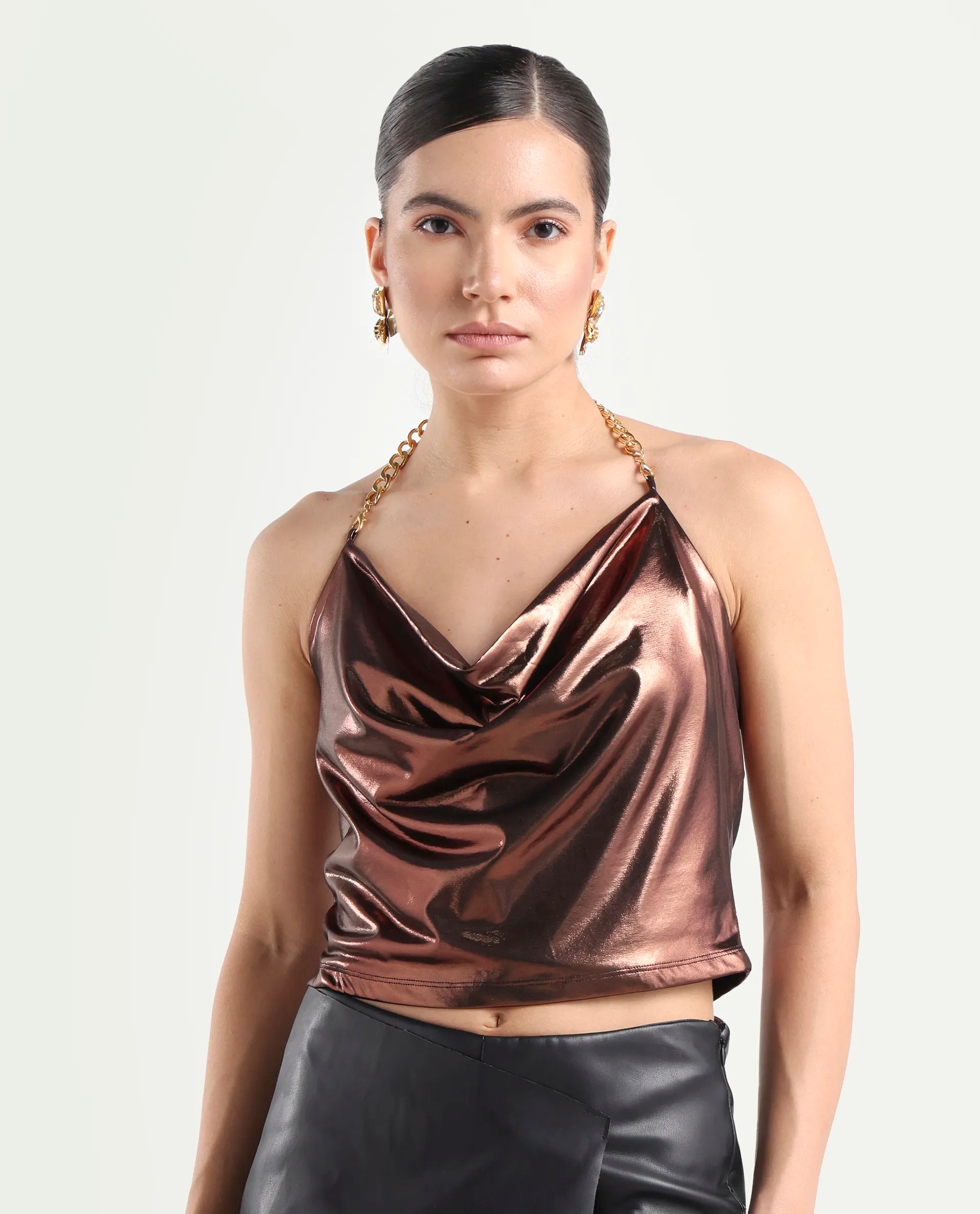 Rareism Women's Manda Metallic Brown Polyester Cowl Neck Plain Sleeveless Crop Fitted Top